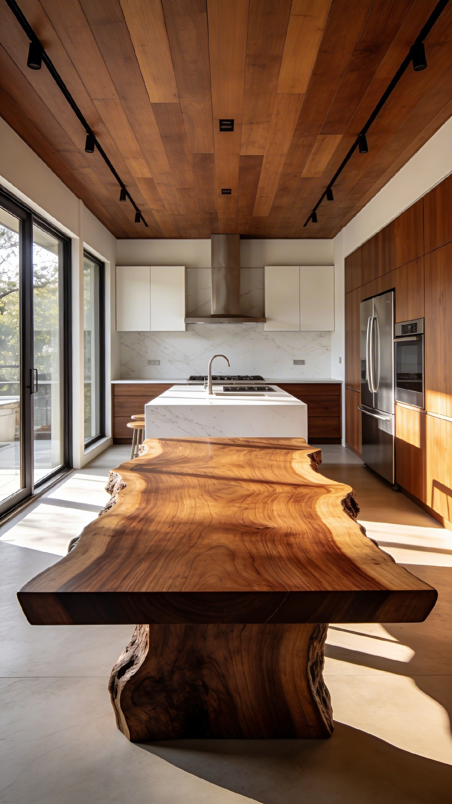 A stunning live-edge walnut dining table centered in a modern kitchen with sleek white countertops and large windows.