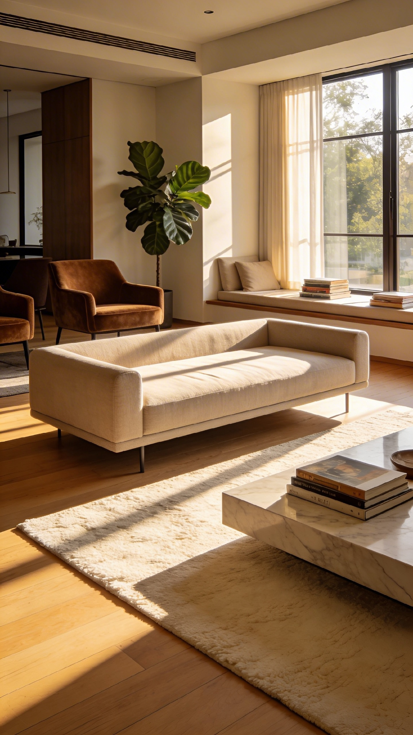 A modern living room design featuring a sleek daybed as a transitional furniture piece between formal and casual zones.