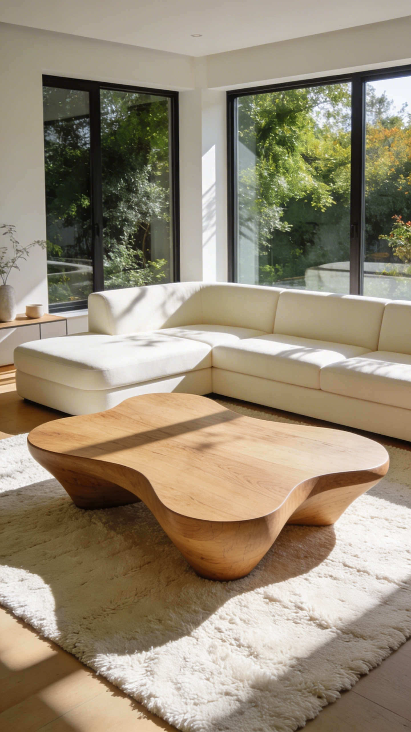 A spacious modern living room layout showcasing a curved organic-shaped coffee table that enhances the flow of the interior design.