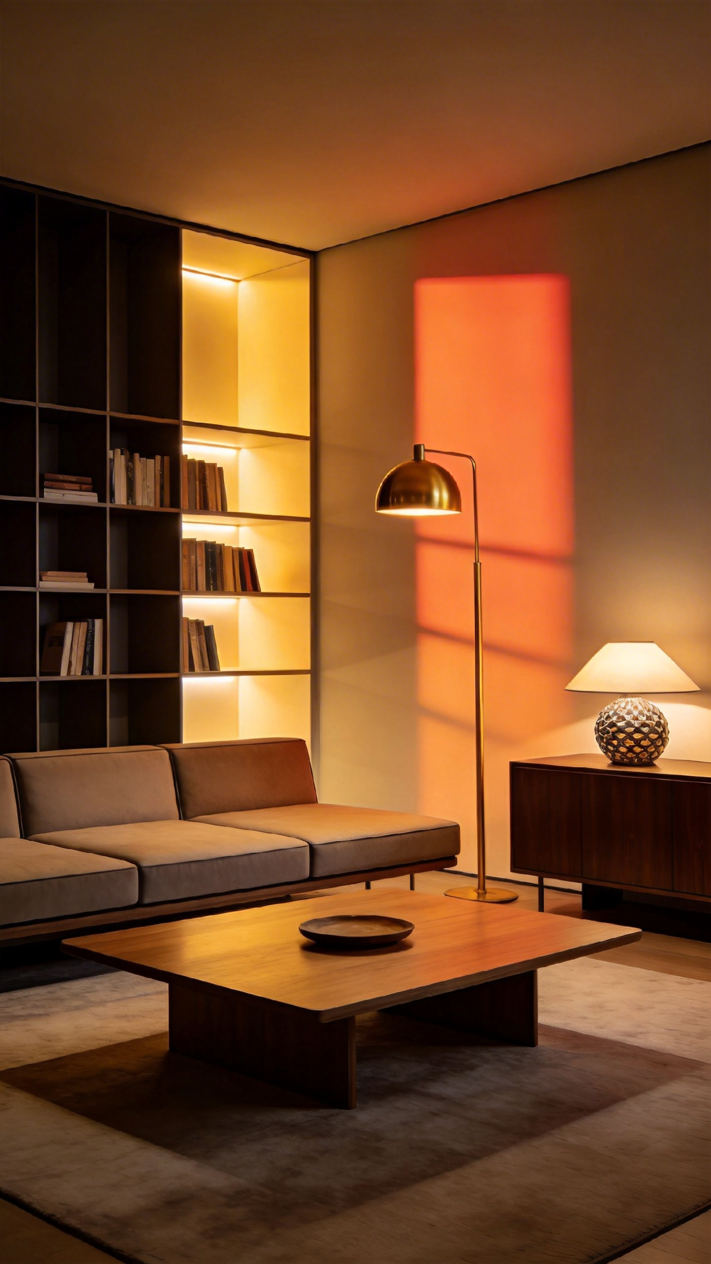 A sophisticated living room featuring layered lighting with floor and table lamps creating a cozy mood without overhead fixtures.