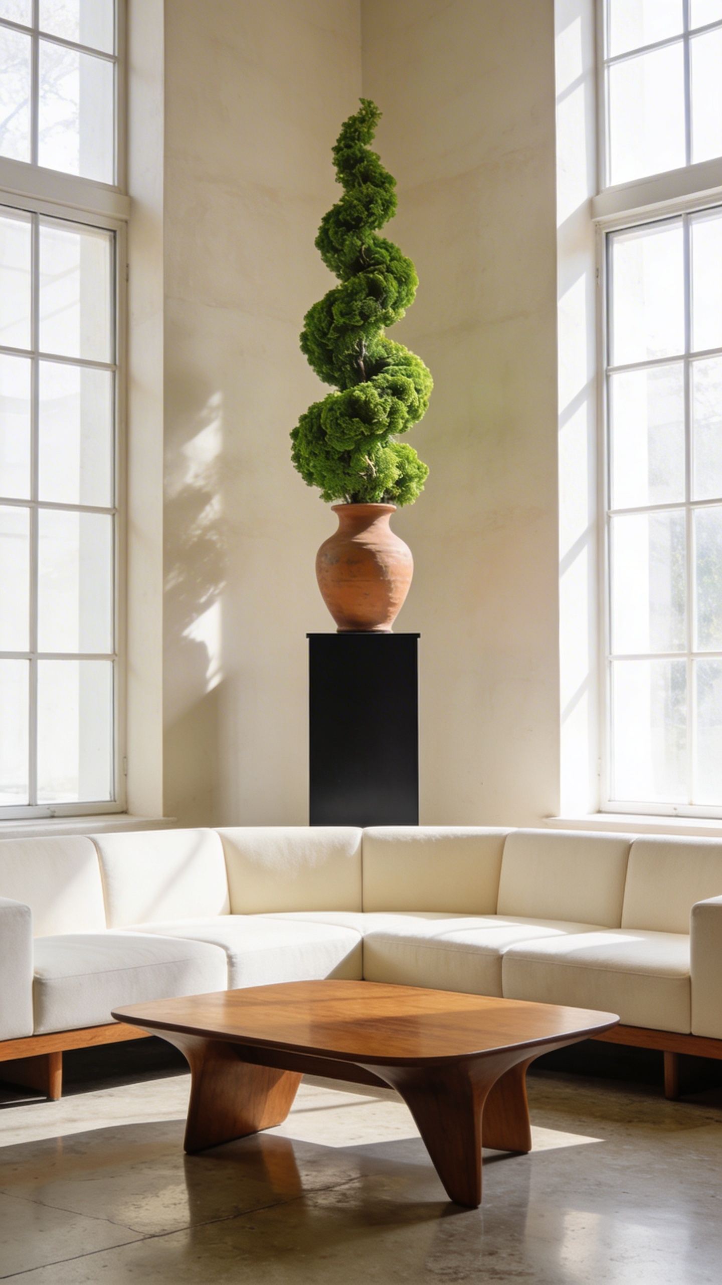 A stylish living room design showing a tall pedestal elevating a green plant in a terracotta pot to create a gallery-style focal point.