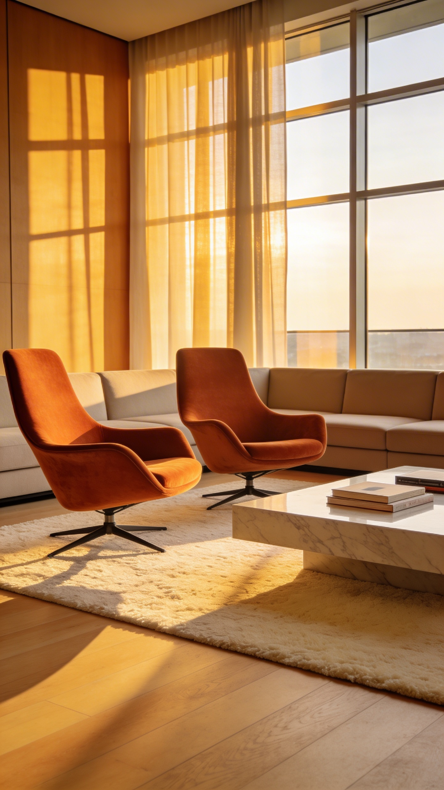 A sophisticated living room interior featuring two vibrant swivel chairs arranged for social interaction on a textured rug.
