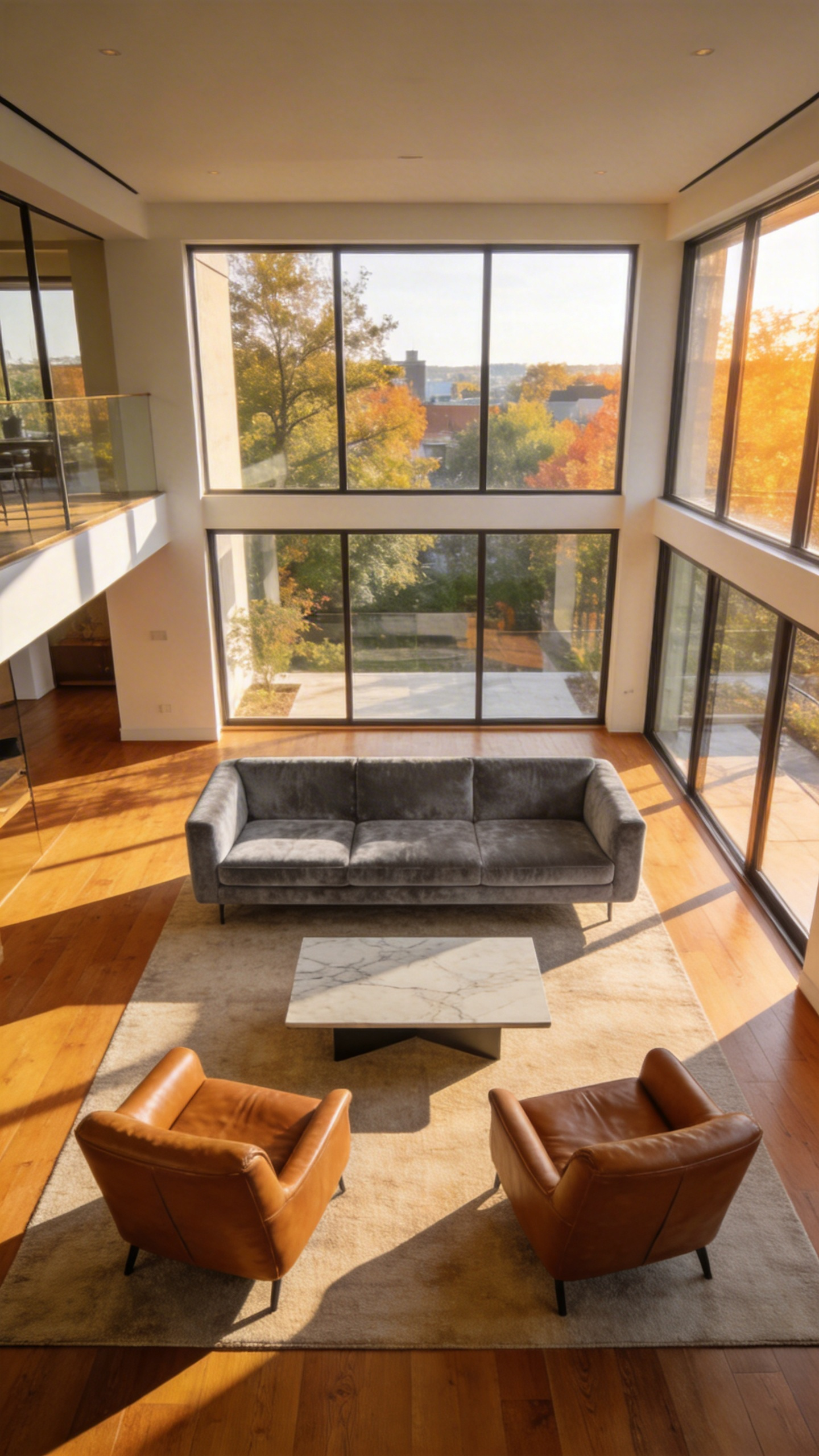A modern living room with floating furniture ideas featuring a sofa and coffee table centered in the room to create a conversation area.