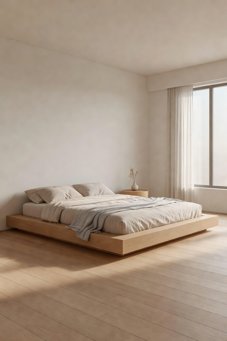 A modern, serene bedroom featuring a low-profile natural oak platform bed anchored to the floor, lit by soft diffused sunlight streaming through sheer curtains.
