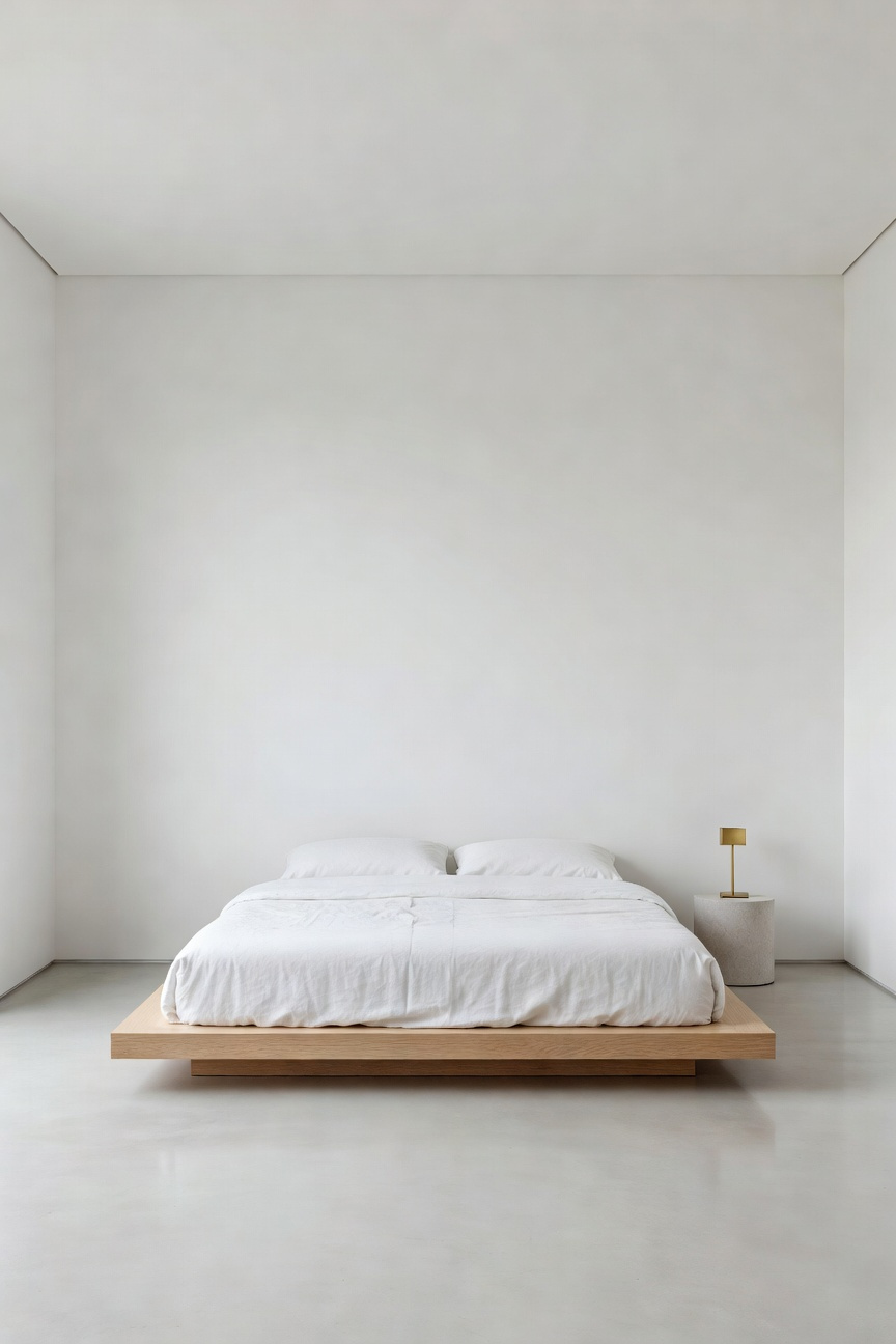 A full wide shot of an airy, minimalist bedroom featuring an extra-low light wood platform bed on a concrete floor. The room utilizes white walls and significant vertical negative space to create the illusion of extremely high ceilings.