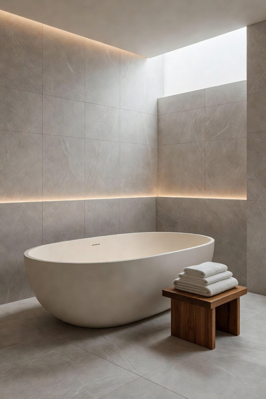 A luxurious, spa-like bathroom featuring a matte, creamy white stone resin freestanding bathtub designed to prevent glare and enhance aesthetic longevity.