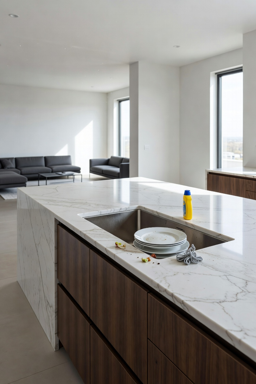 A photograph of a modern open-concept kitchen featuring a large white marble island with a cluttered main sink area displaying dirty dishes and soap bottles.
