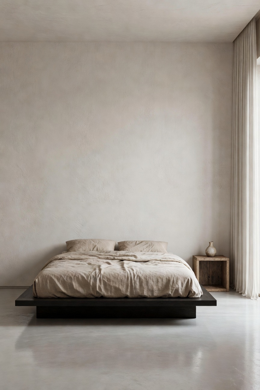 A serene, ultra-minimalist bedroom featuring a low platform bed with linen bedding, textured plaster walls, and soft diffused light, exemplifying the philosophy of aesthetic reduction.