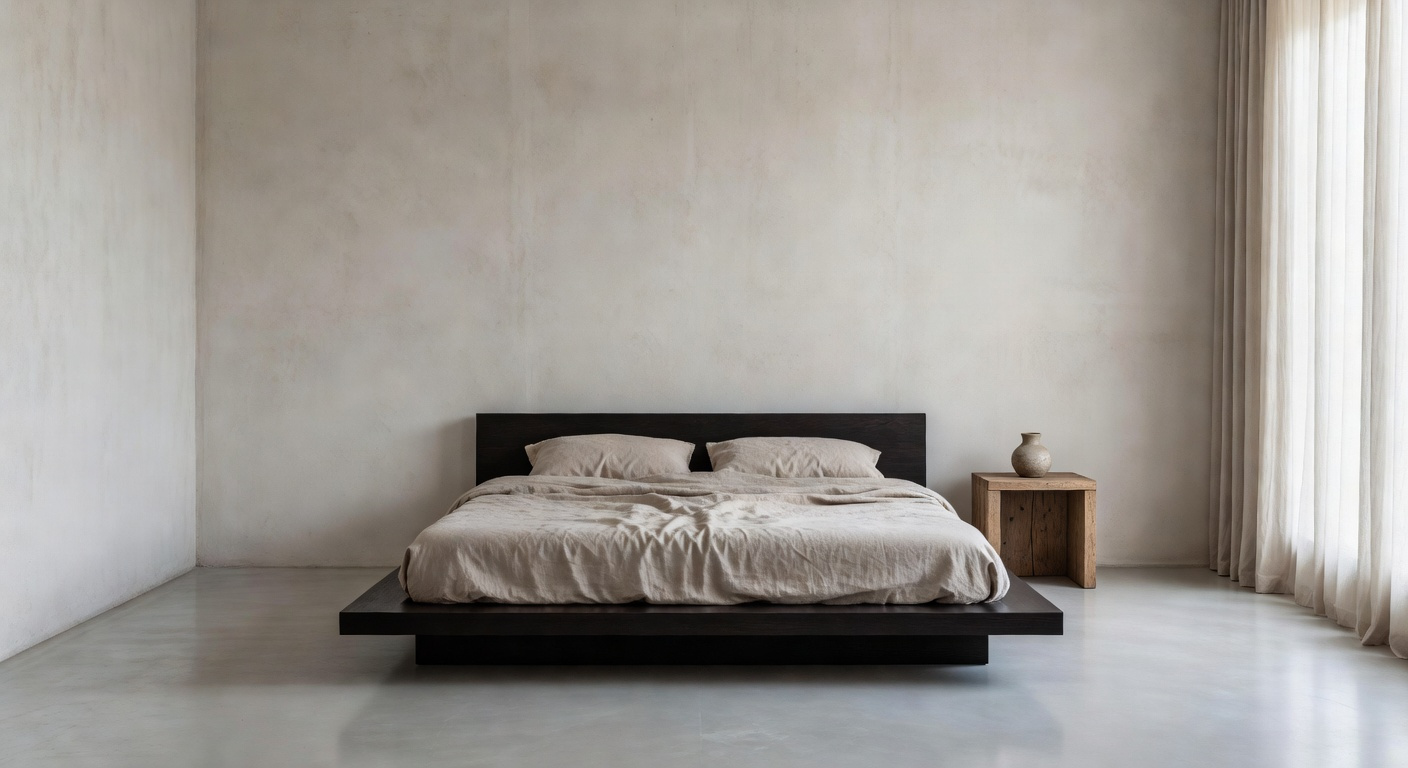 A serene, ultra-minimalist bedroom featuring a low platform bed with linen bedding, textured plaster walls, and soft diffused light, exemplifying the philosophy of aesthetic reduction.