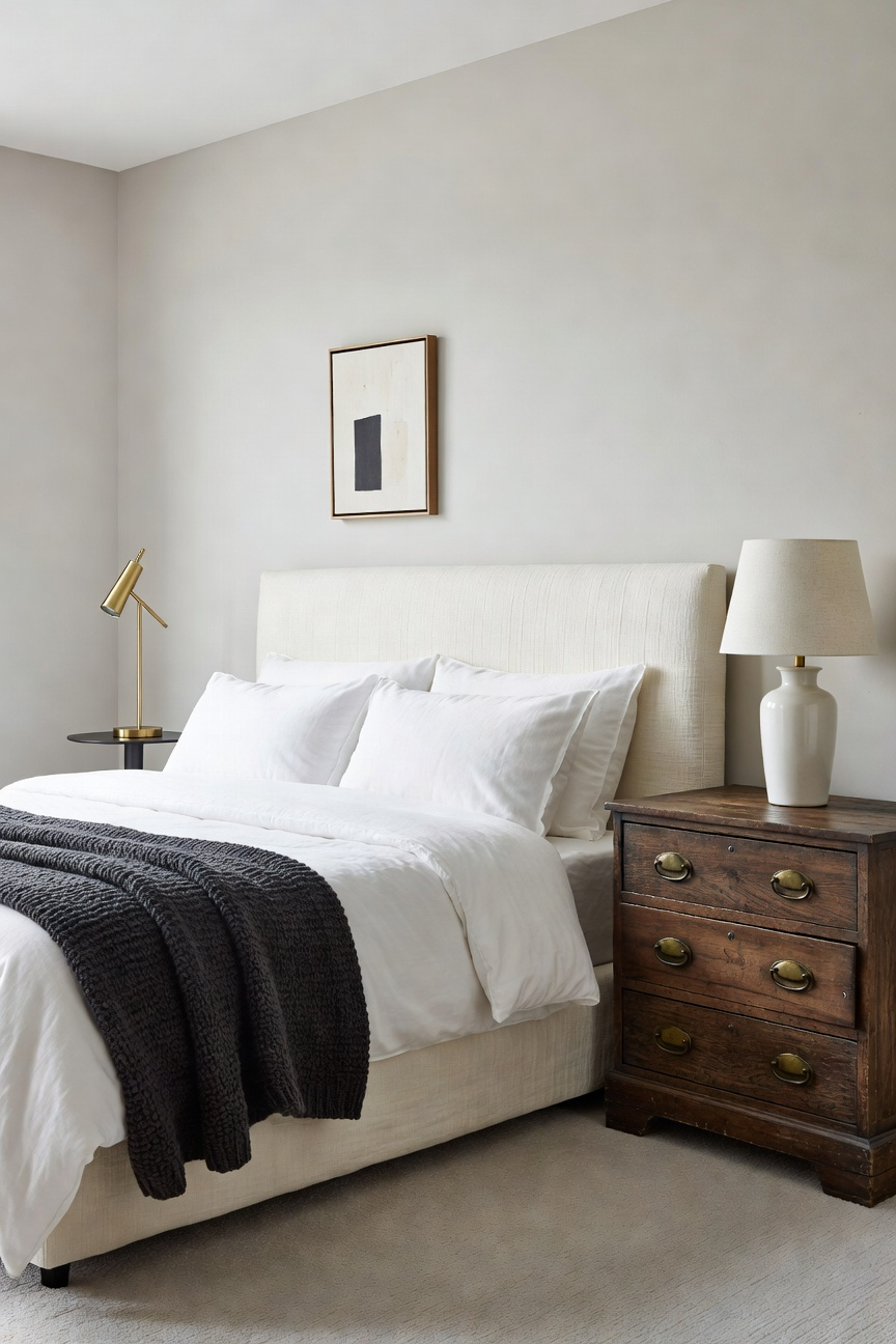 A luxury bedroom featuring controlled visual tension created by deliberately mismatched nightstands: a modern black metal pedestal table and a traditional antique walnut dresser.