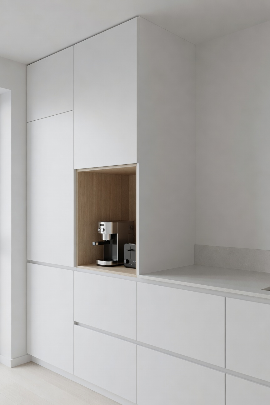 Modern appliance garage with open pocket doors integrated into seamless white cabinetry in a small kitchen, showing hidden storage for streamlined workflow and visual cleanliness.