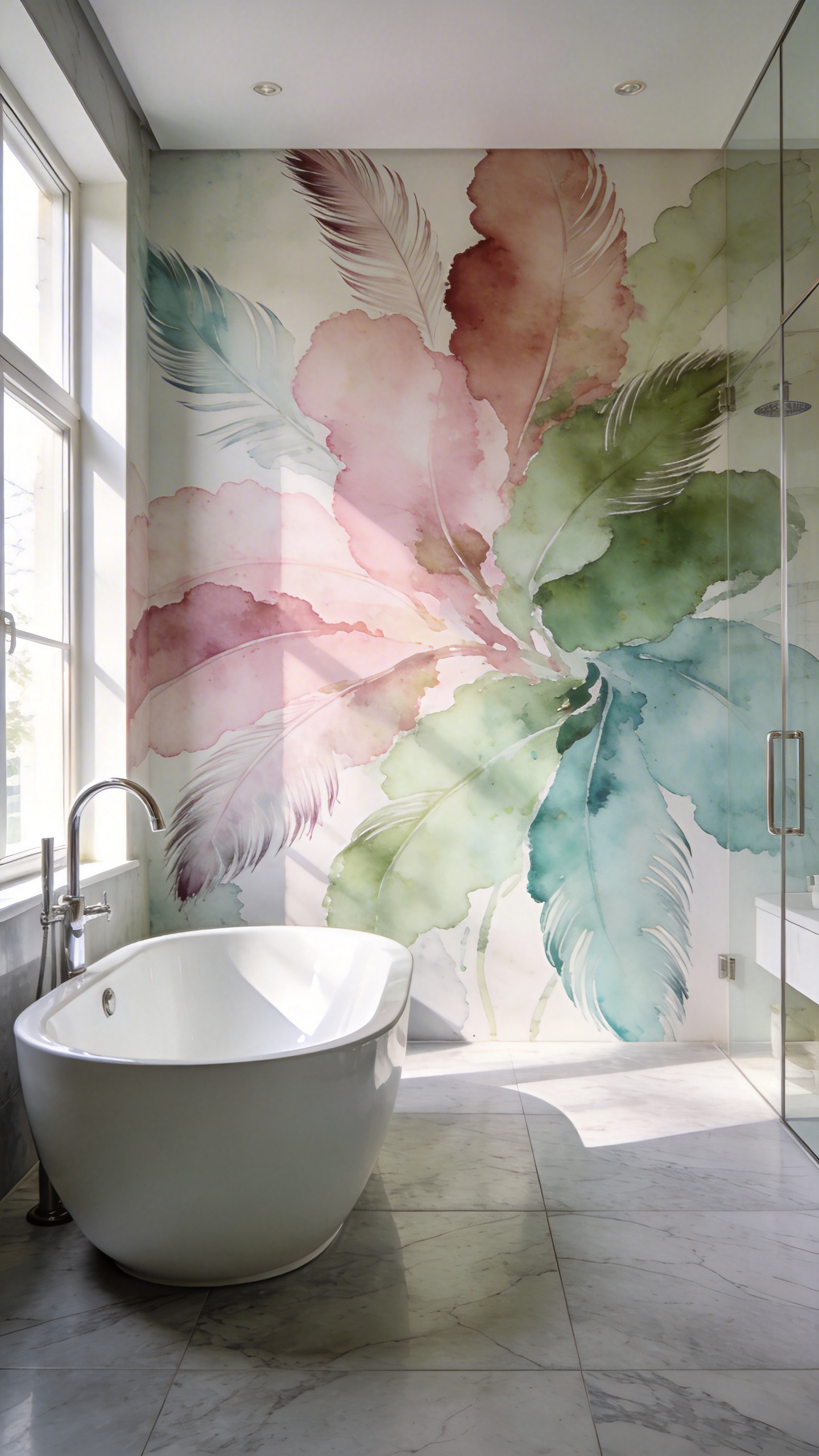 A modern bathroom interior with soft abstracted floral watercolor wallpaper, a freestanding white bathtub, and polished chrome fixtures.