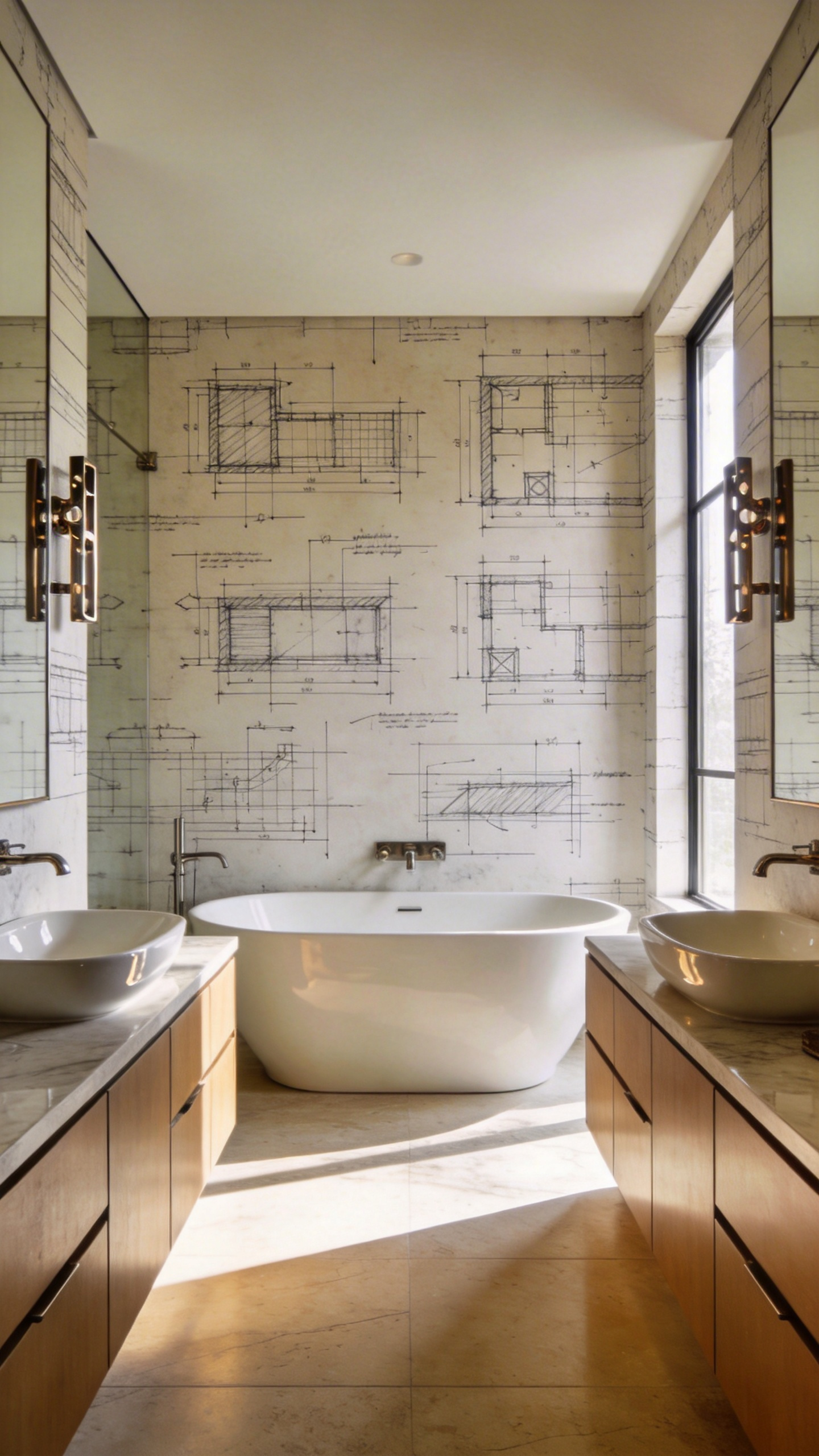 A modern bathroom featuring architectural sketchline wallpaper behind a white monolithic freestanding tub and a sleek symmetrical vanity.