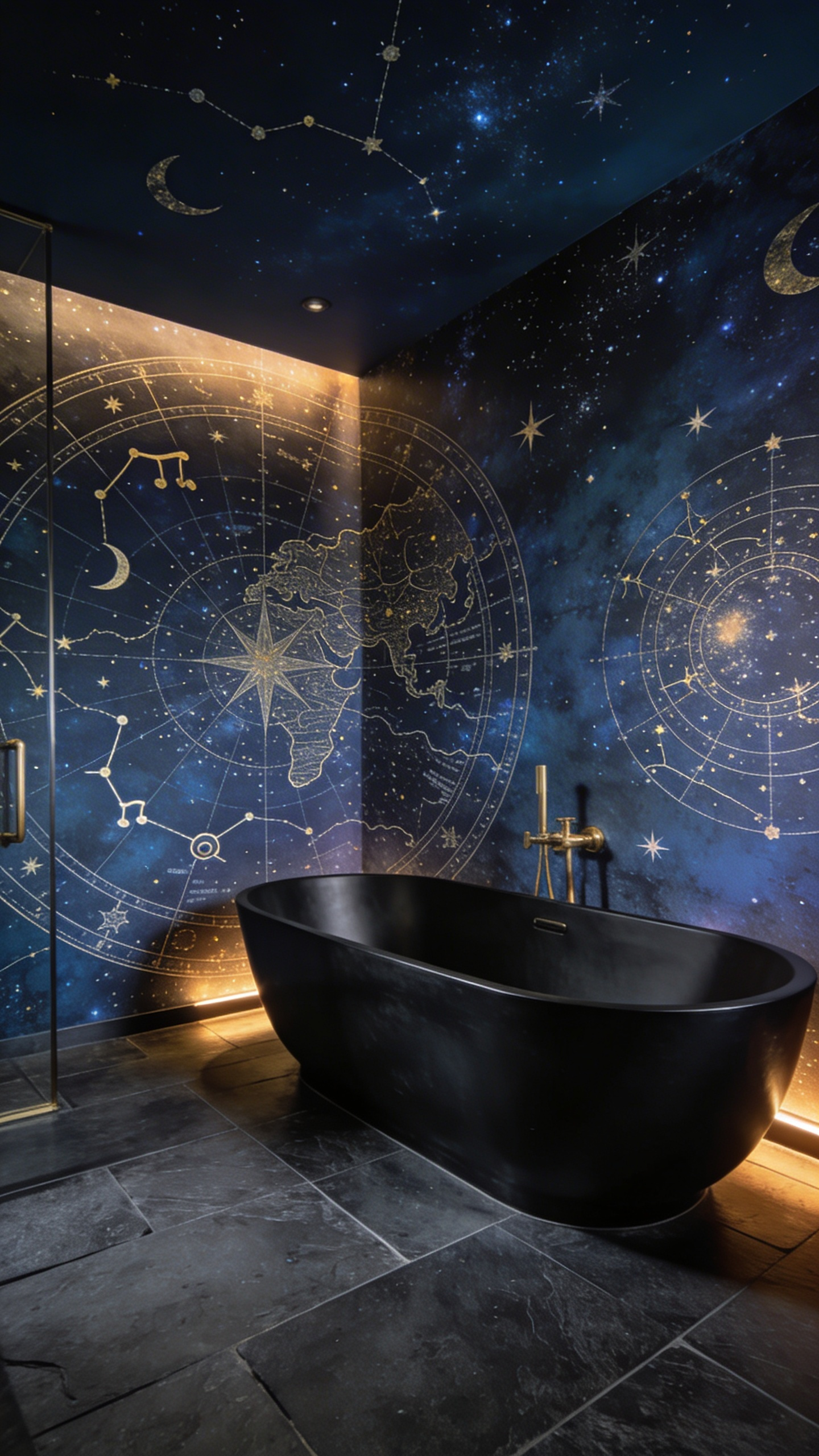 A modern bathroom featuring deep indigo celestial wallpaper with gold star maps and a black freestanding bathtub.