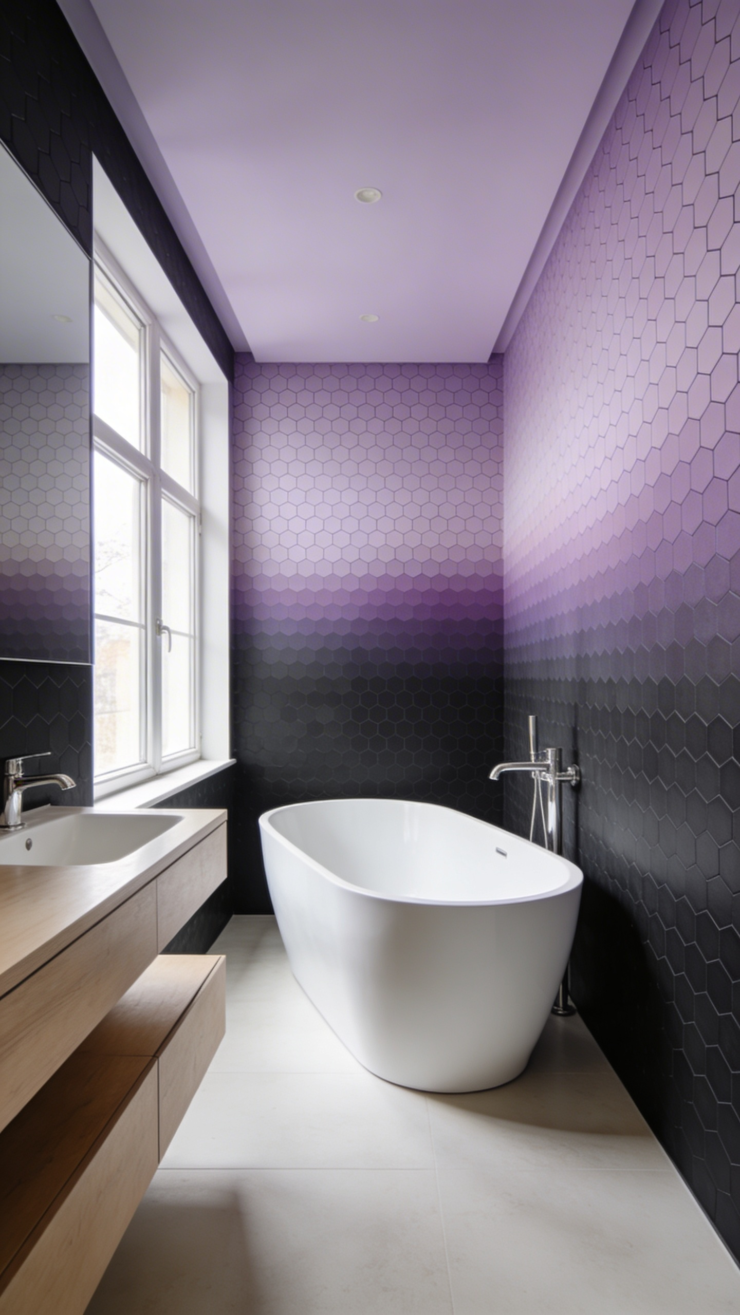 A bright modern bathroom featuring a geometric hexagonal ombré wallpaper wall and a white freestanding soaking tub.