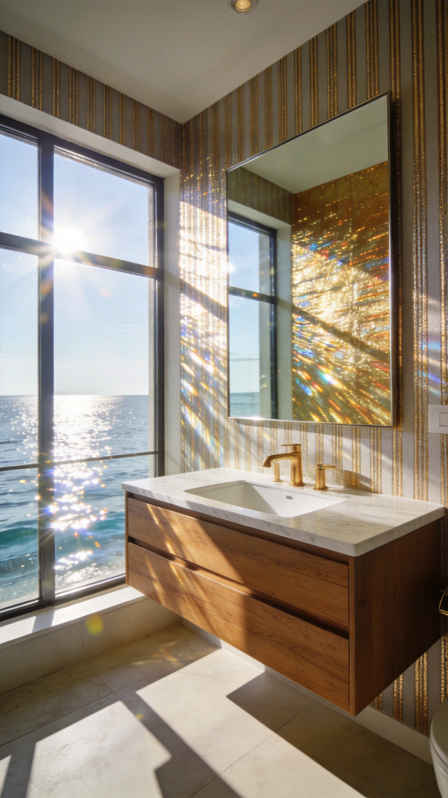 A modern bathroom featuring metallic linear wallpaper that reflects bright morning sunlight to create a shimmering effect.