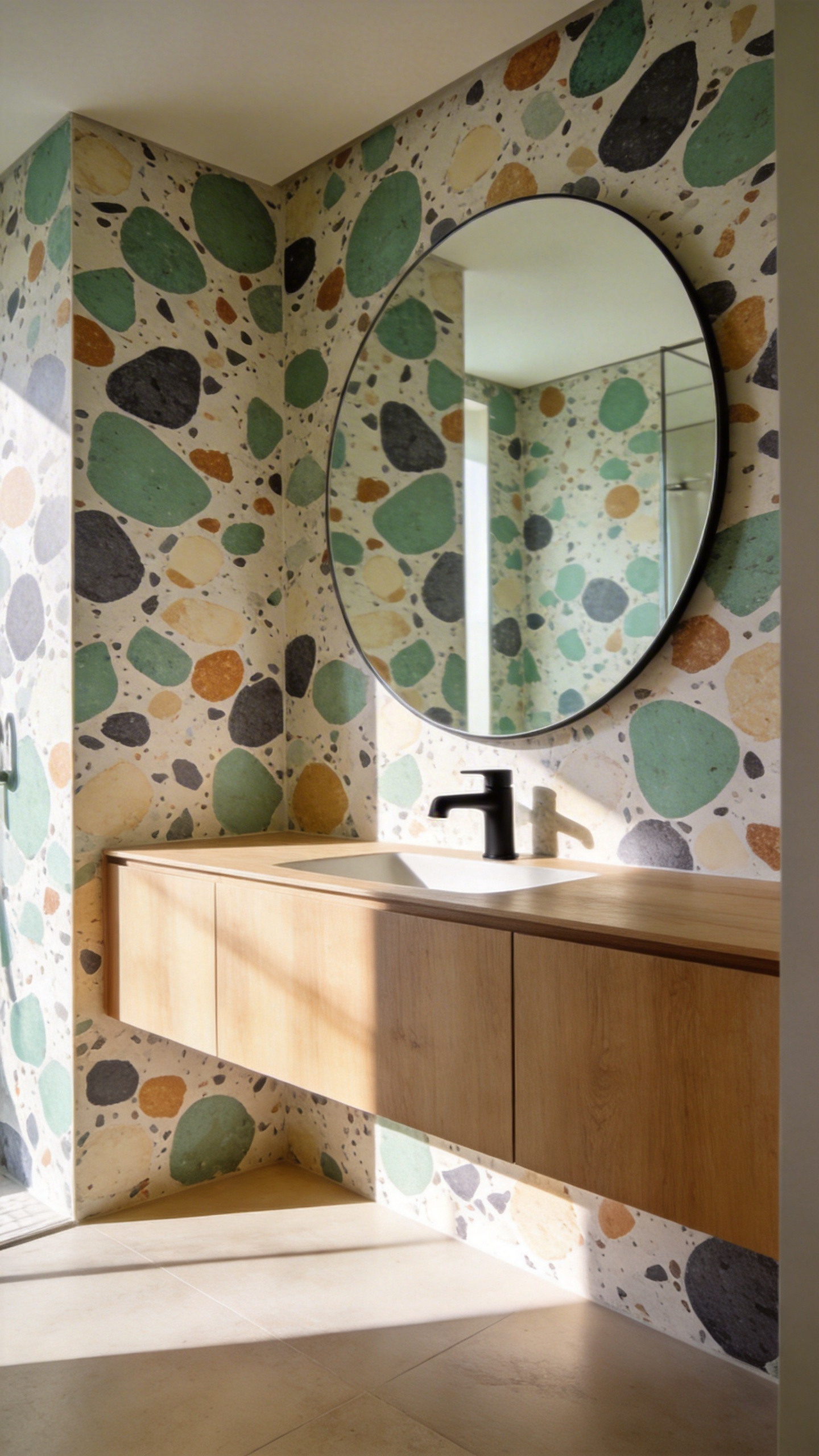 A modern bathroom featuring vibrant macro-terrazzo wallpaper with large confetti patterns and a wooden vanity.
