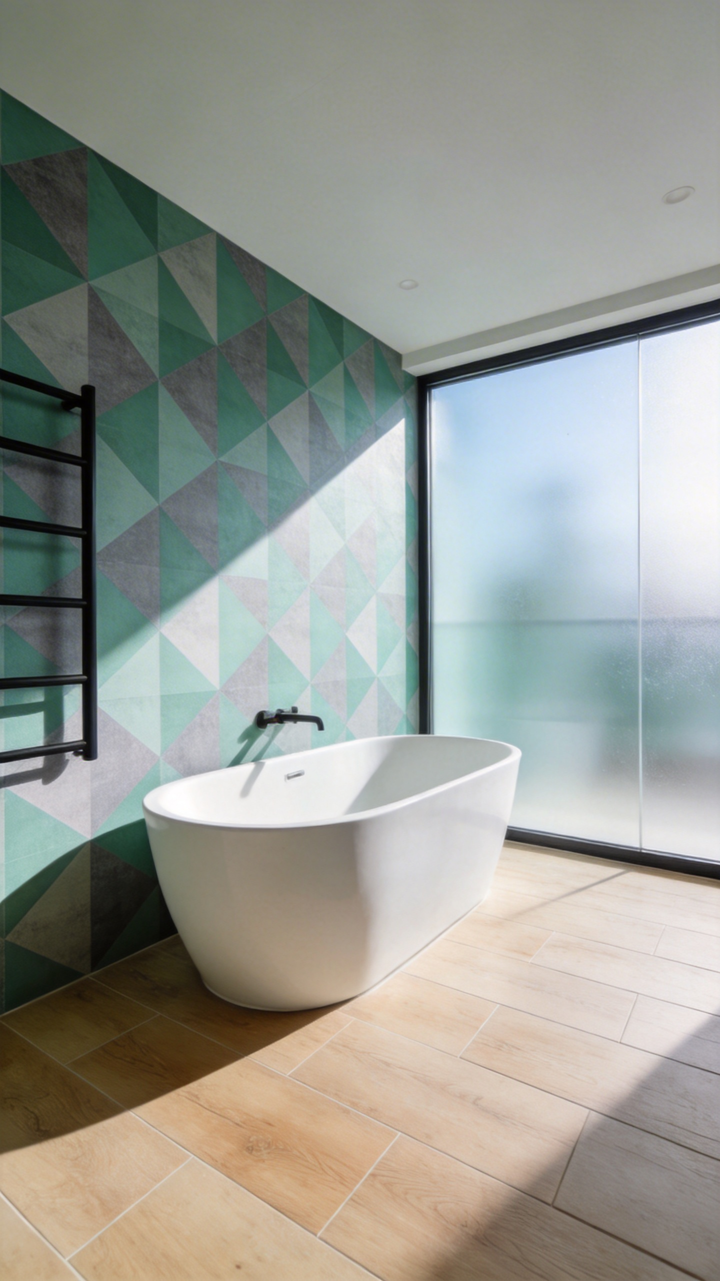 Modern bathroom interior featuring moisture-resistant green geometric wallpaper and a white freestanding bathtub in natural light.
