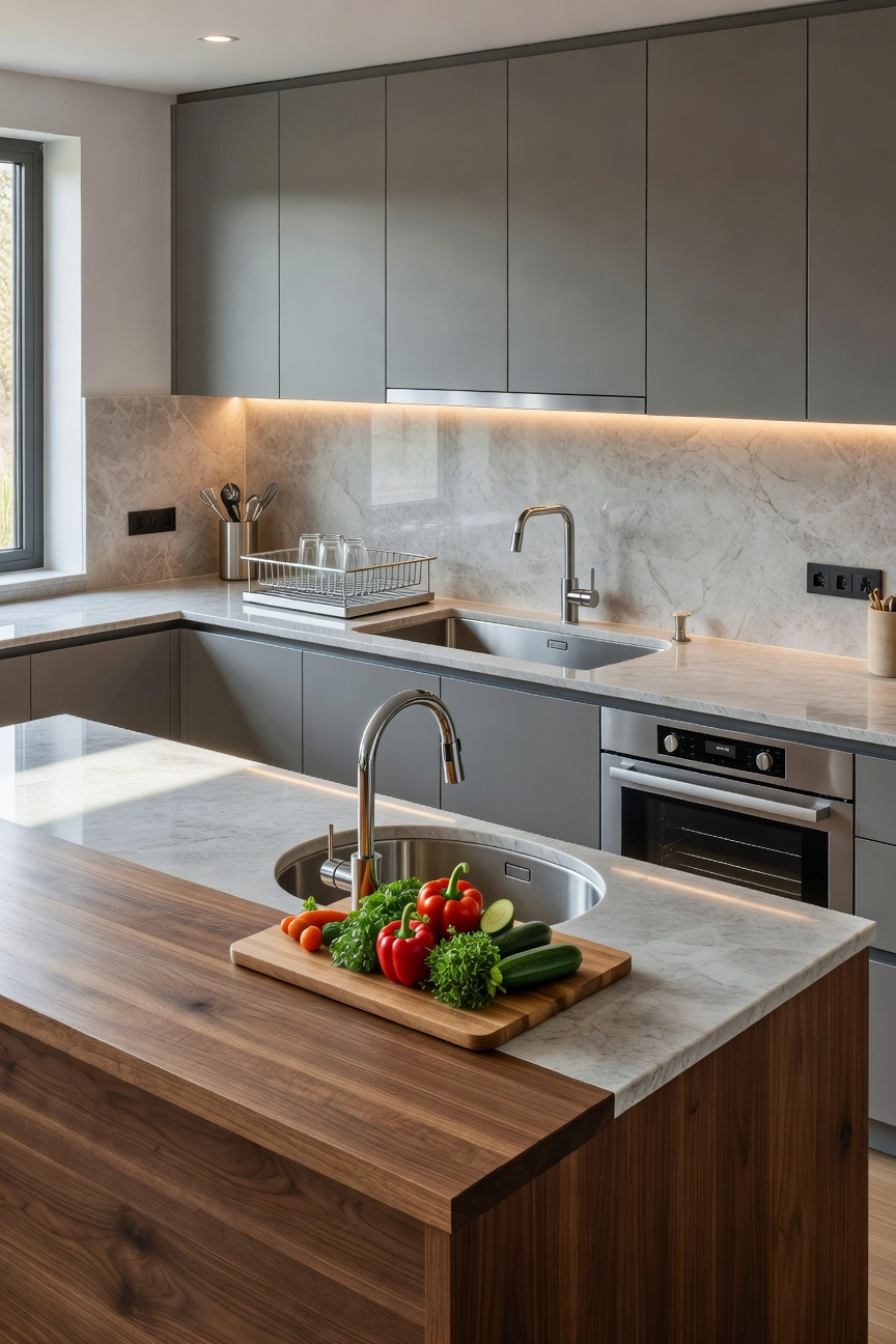 Wide shot of a modern kitchen layout featuring a large main sink and a separate, smaller secondary prep sink on the island, illustrating optimized workflow and reducing kitchen congestion.