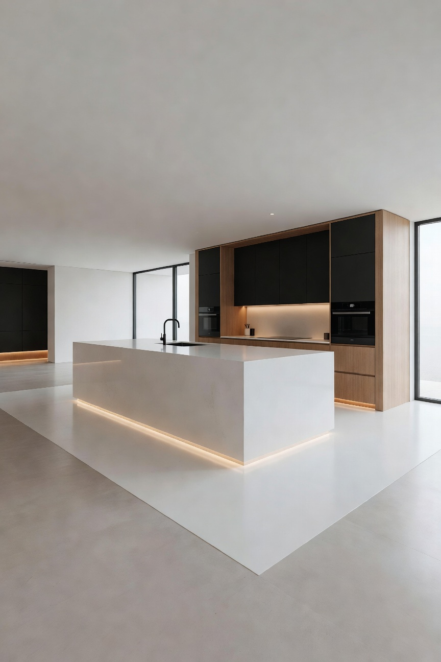 A photograph of a modern open-plan kitchen featuring a wide, deliberate perimeter bypass lane around the central island designed to divert non-culinary foot traffic away from the main work zone.