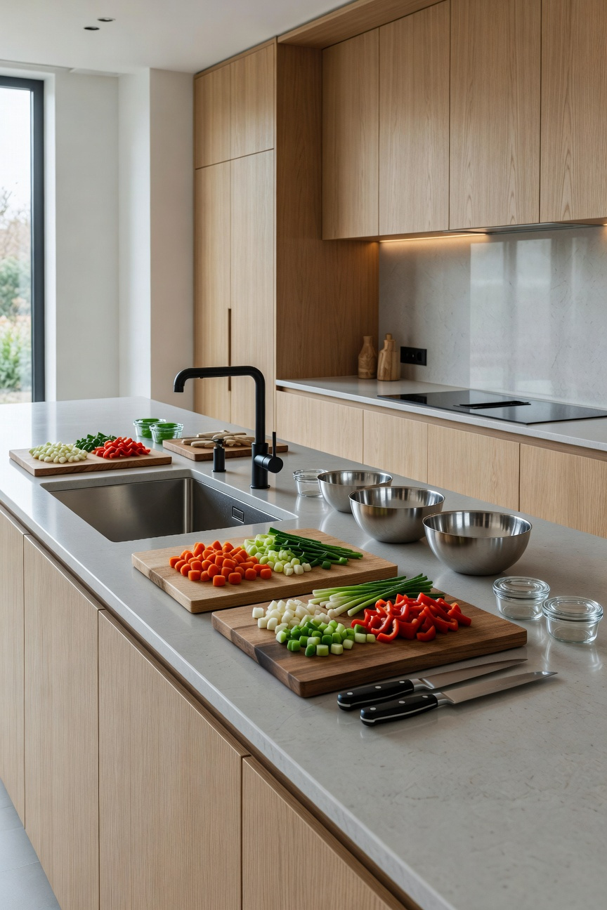 A modern, dedicated kitchen preparation zone (command center) featuring an organized quartz countertop, integrated prep sink, cutting boards, and mise-en-place vegetables, demonstrating an efficient specialized kitchen layout.