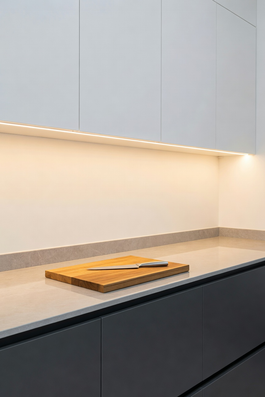 Modern kitchen featuring gray quartz countertops and sleek white cabinets, perfectly illuminated by warm LED under-cabinet task lighting designed to eliminate work surface shadows.