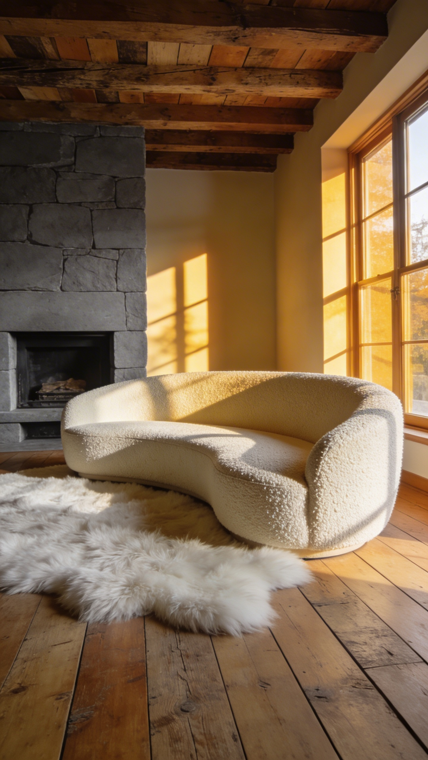A modern rustic living room with a curved cream bouclé sofa, a white sheepskin rug, and reclaimed wood accents under warm natural light.