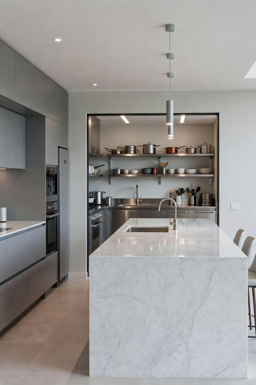Architectural photograph showing the transition from a pristine, modern matte grey social kitchen with a marble island to a functional, stainless steel scullery (messy kitchen).