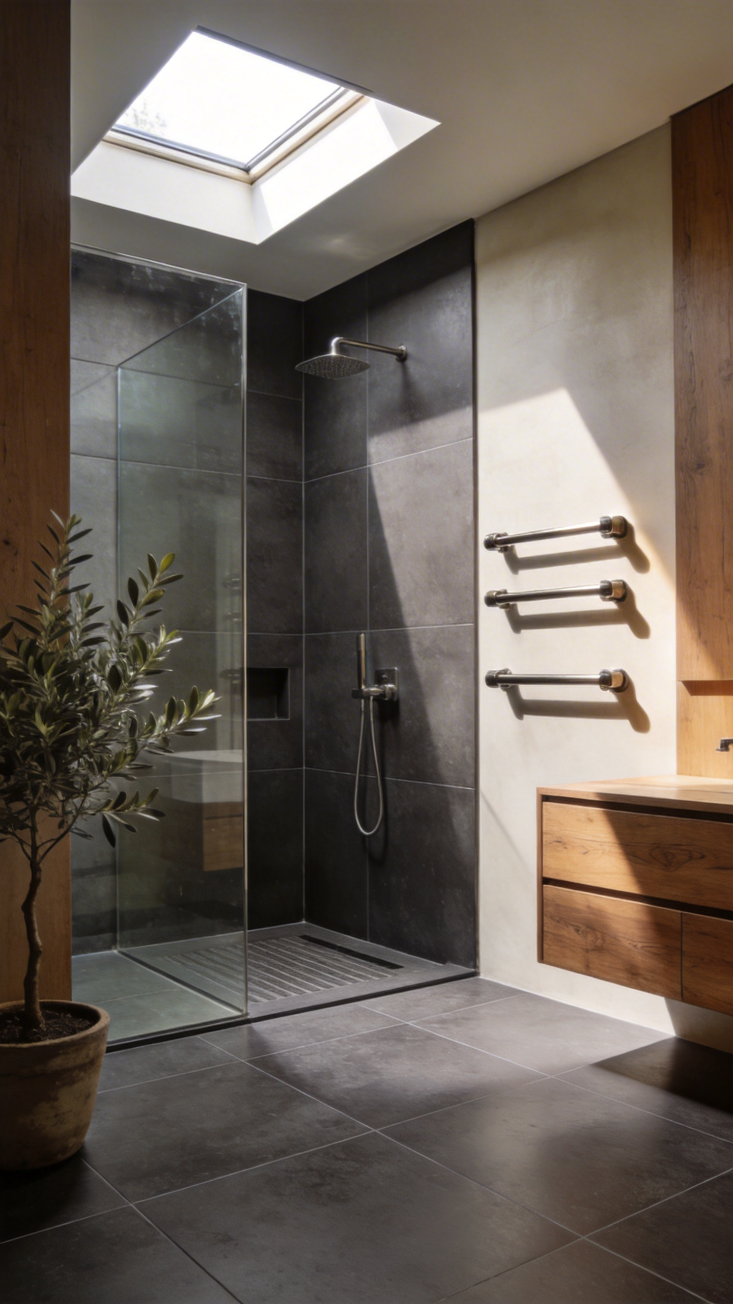 A modern bathroom featuring a curbless walk-in shower with large-format porcelain tiles and minimalist chrome hardware designed for accessibility and style.
