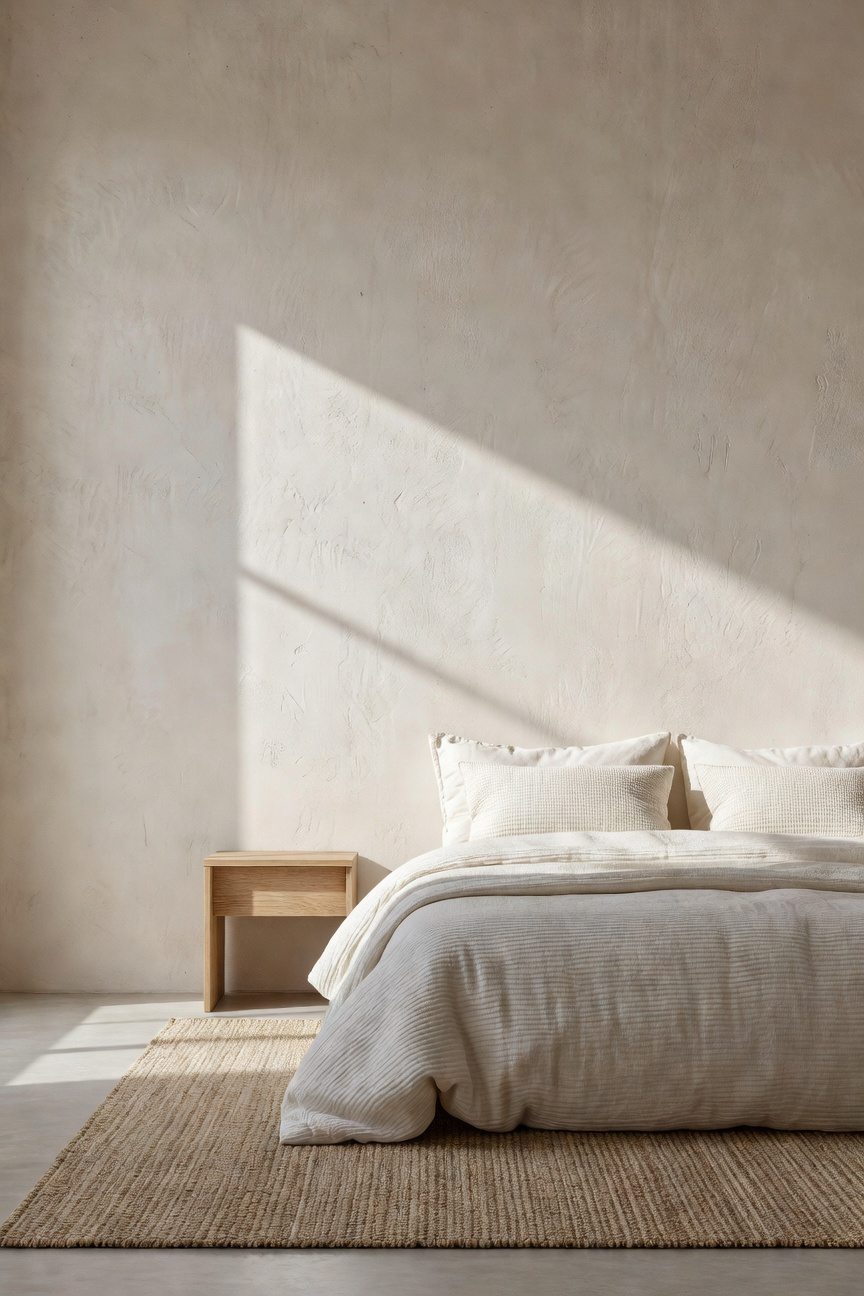 Minimalist monochromatic bedroom showcasing heavy textured plaster walls and ribbed linen bedding, highlighted by strong natural light creating deep micro-shadows.