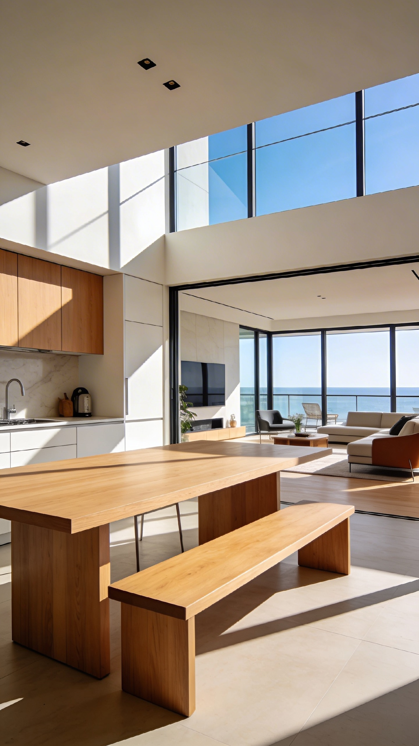 A modern open-concept dining room with a light wood table and a low-profile bench that preserves the visual sightline across the home.