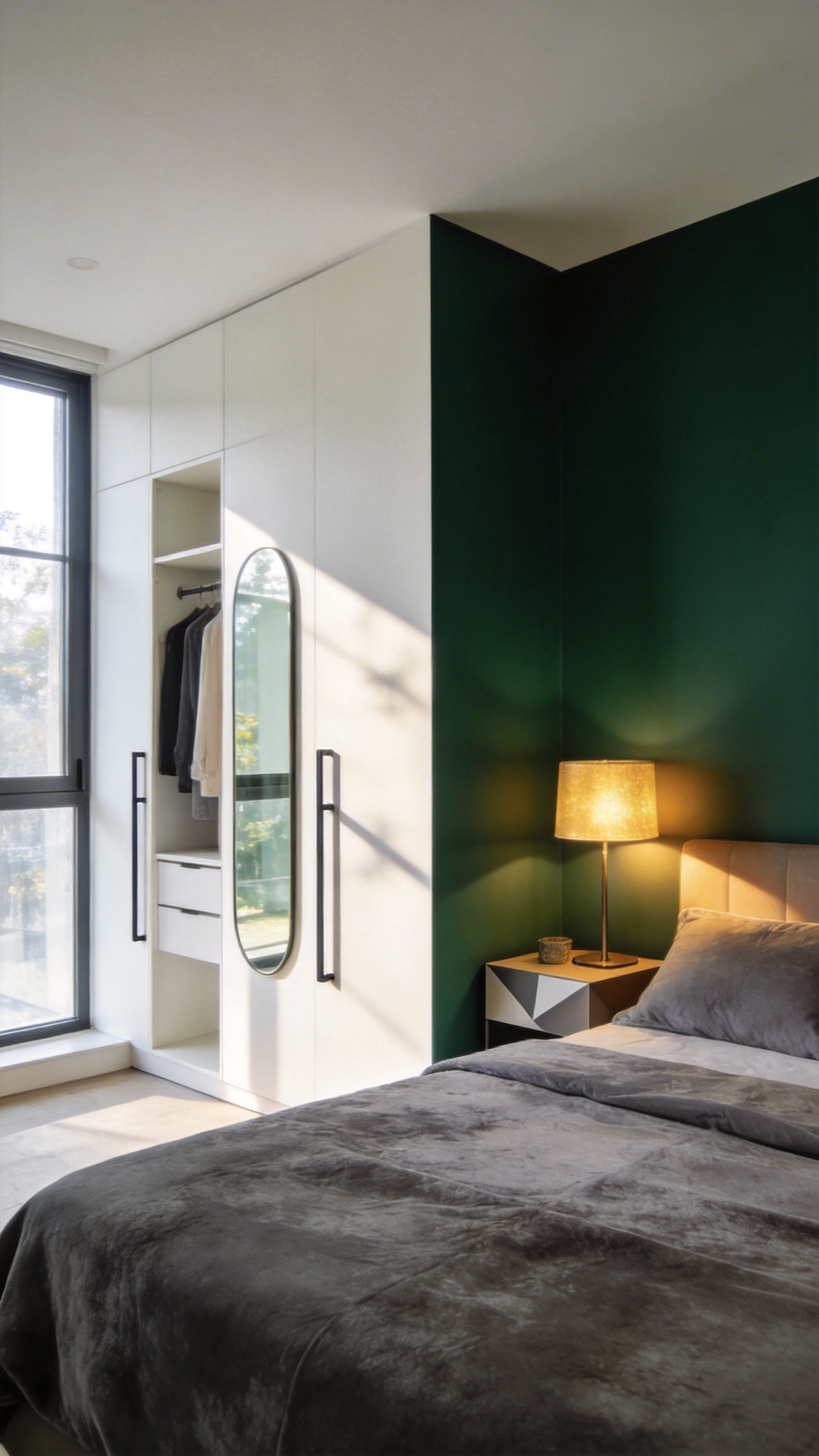 A master bedroom divided into two zones using color blocking with a dark green sleep area and a bright white dressing area.