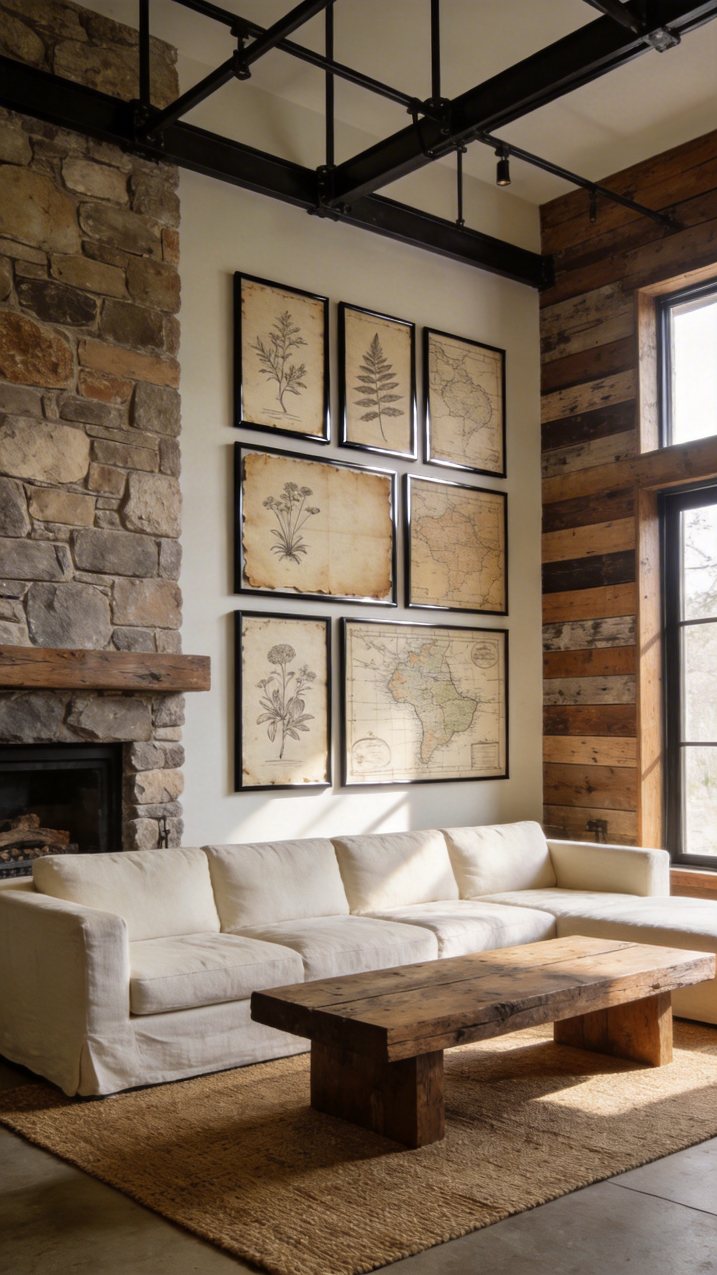 A bright rustic living room featuring antique sketches in sleek black metal frames on a wood-paneled wall.