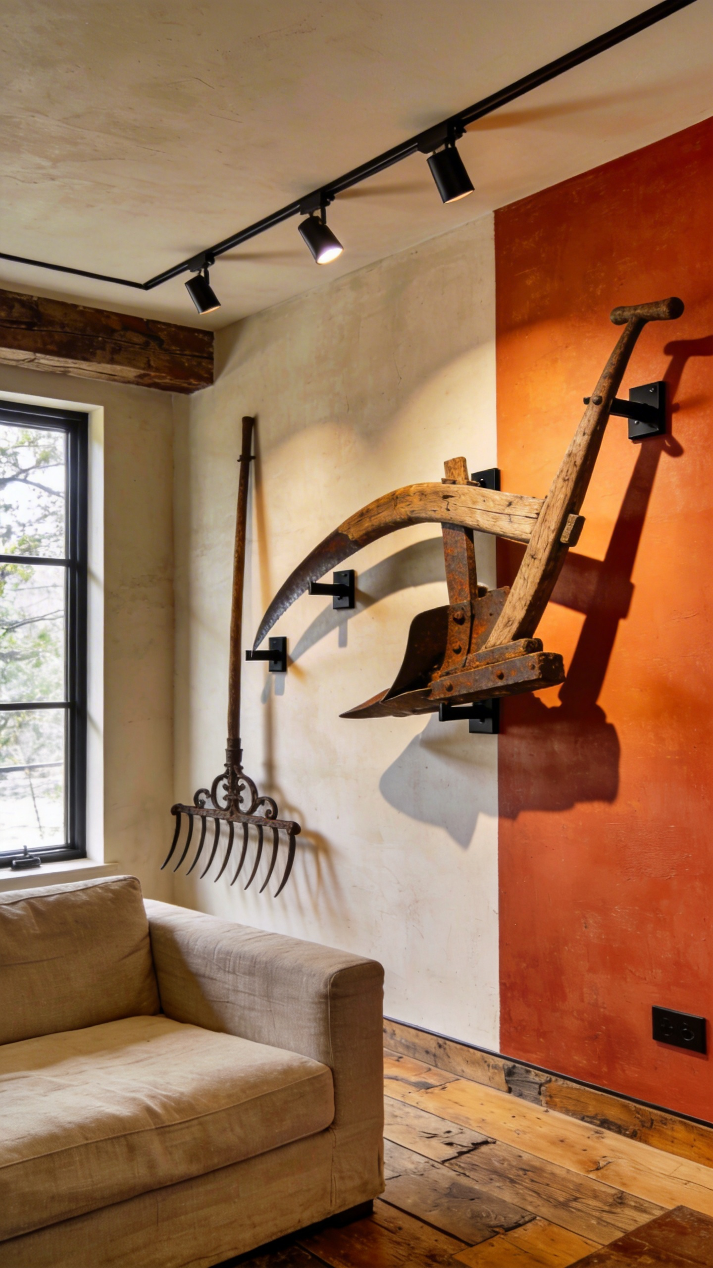 A sophisticated rustic living room featuring antique farm tools mounted on a wall with professional museum-grade hardware as architectural salvage decorations.
