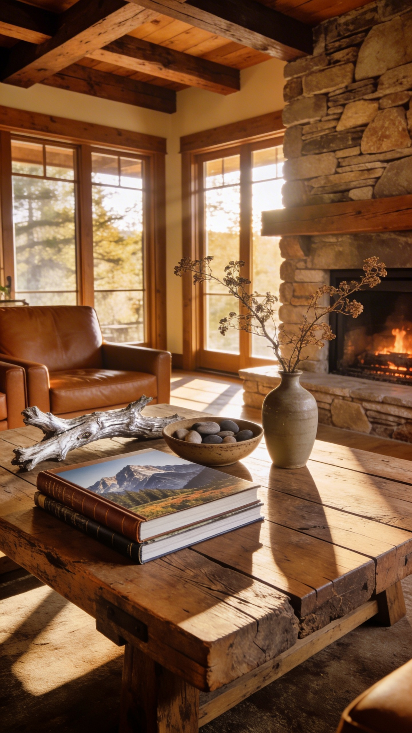 A sophisticated rustic living room featuring a reclaimed wood coffee table decorated with oversized nature art books and organic artifacts like driftwood and stones.