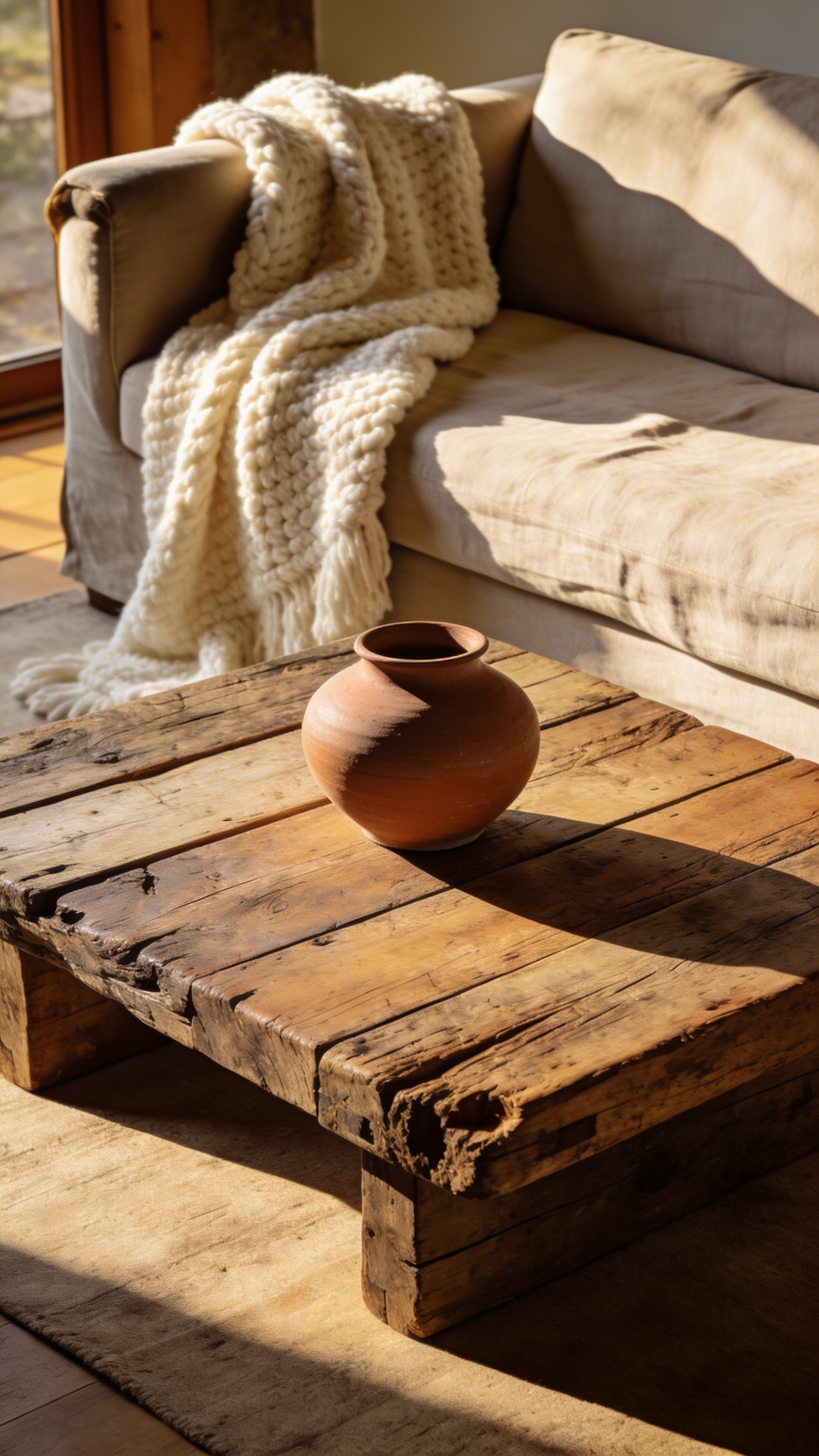 A bright rustic living room showing a reclaimed wood table, a wool throw blanket, and a matte ceramic vase as part of finishing touches for rustic living room decorations.