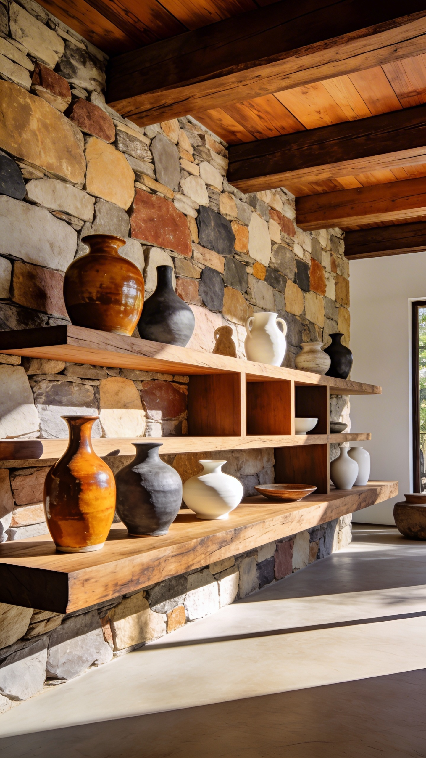 Hand-thrown ceramic pottery collection displayed with intentional negative space on a wooden shelf in a rustic living room with a stone wall.