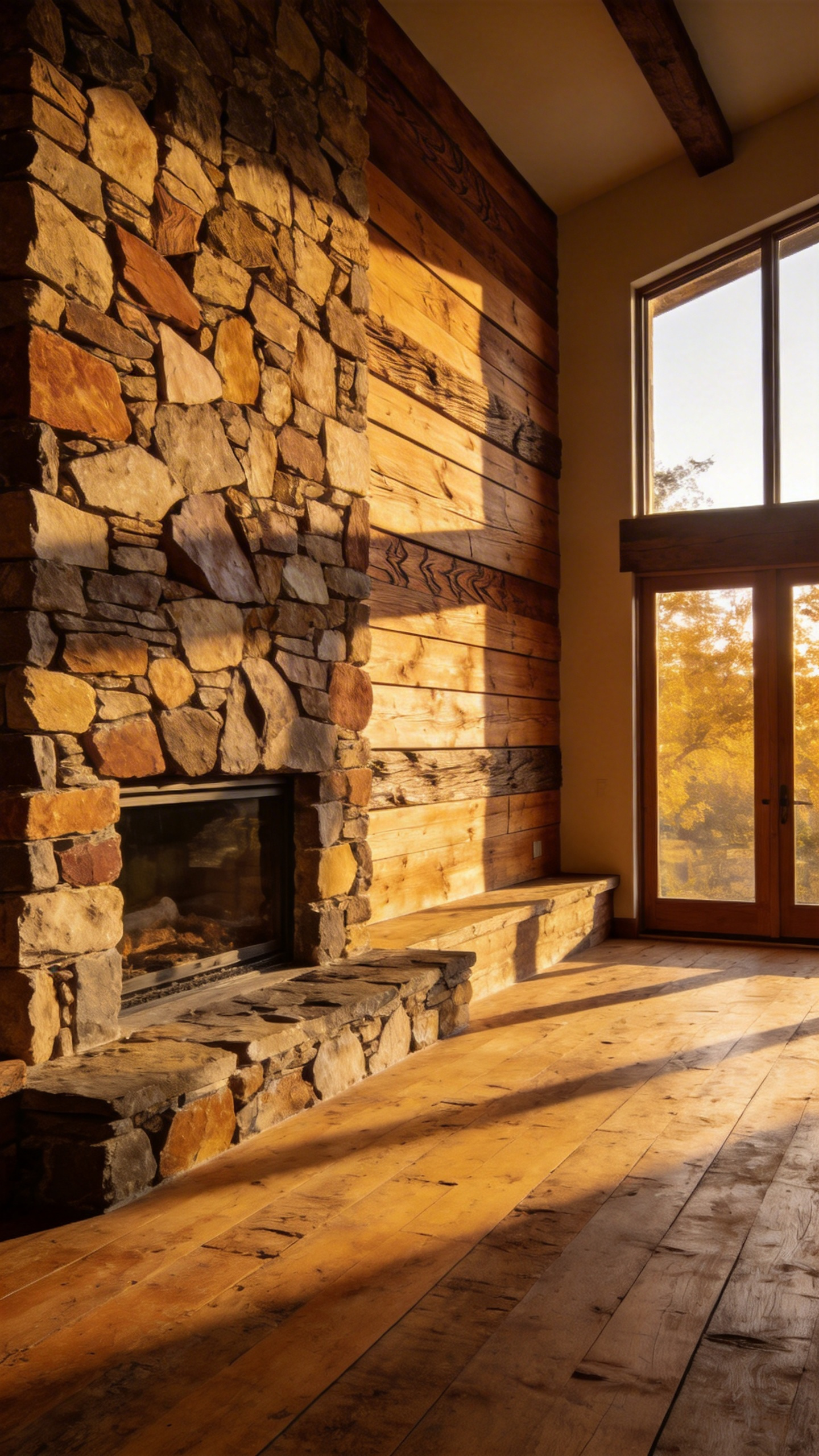 A wide-angle view of a rustic living room featuring textured reclaimed wood walls and a large stone fireplace illuminated by natural sunlight.