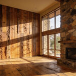A wide-angle view of a rustic living room featuring textured reclaimed wood walls and a large stone fireplace illuminated by natural sunlight.