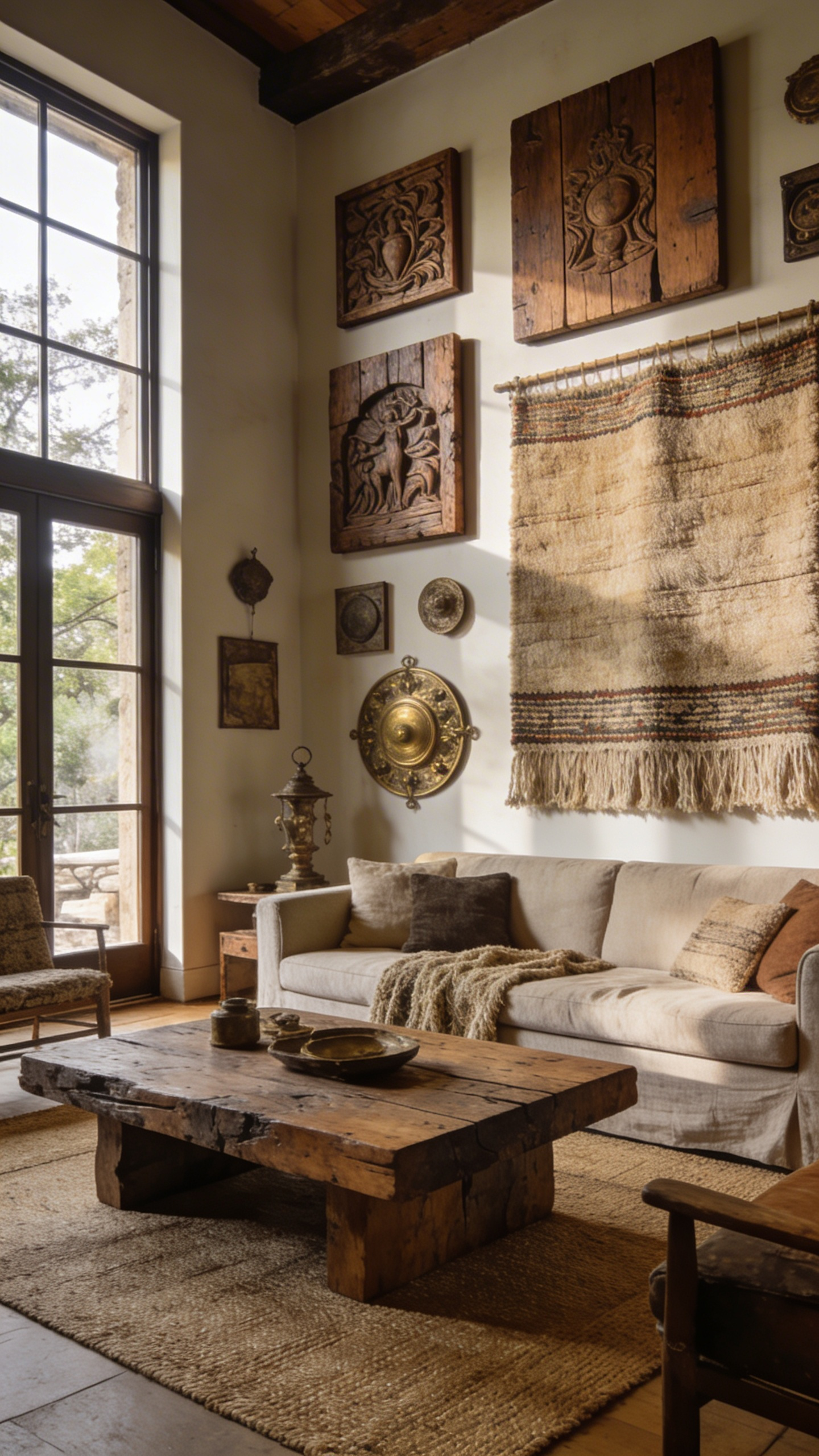 A rustic living room featuring a memento wall with wood grain relief art and woven textiles in warm sunlight.