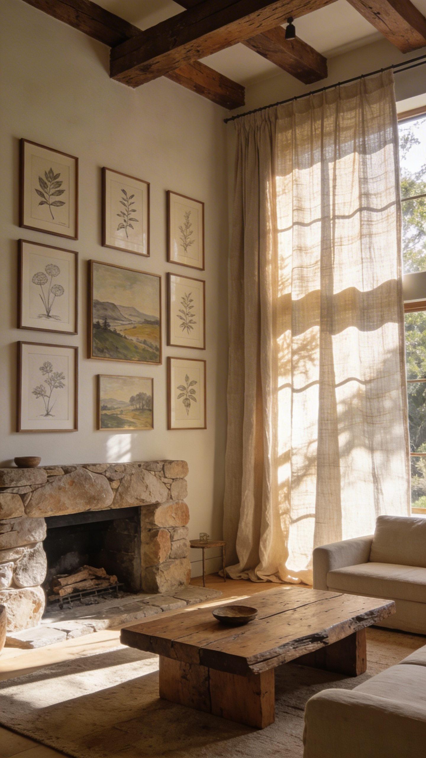 A bright rustic living room featuring natural linen curtains filtering sunlight onto a gallery wall of framed artwork and reclaimed wood furniture.