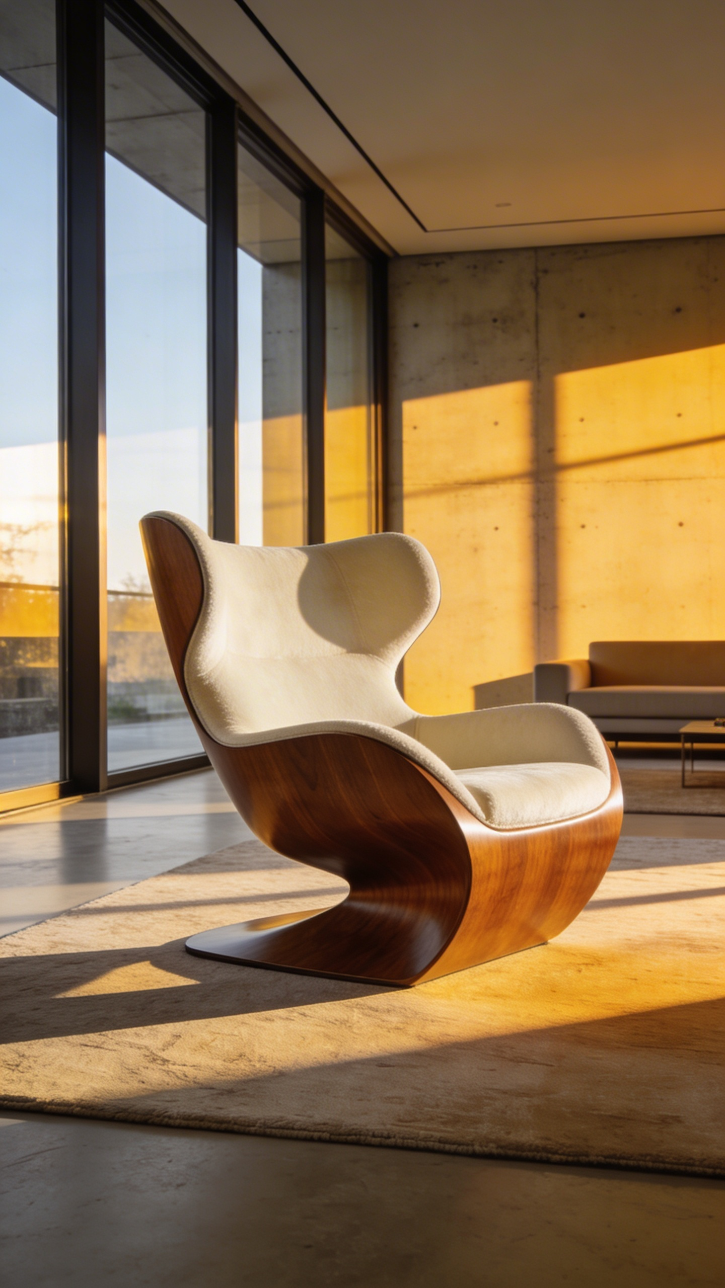 A modern living room interior showcasing a sculptural wooden accent chair with a unique silhouette as a focal point.
