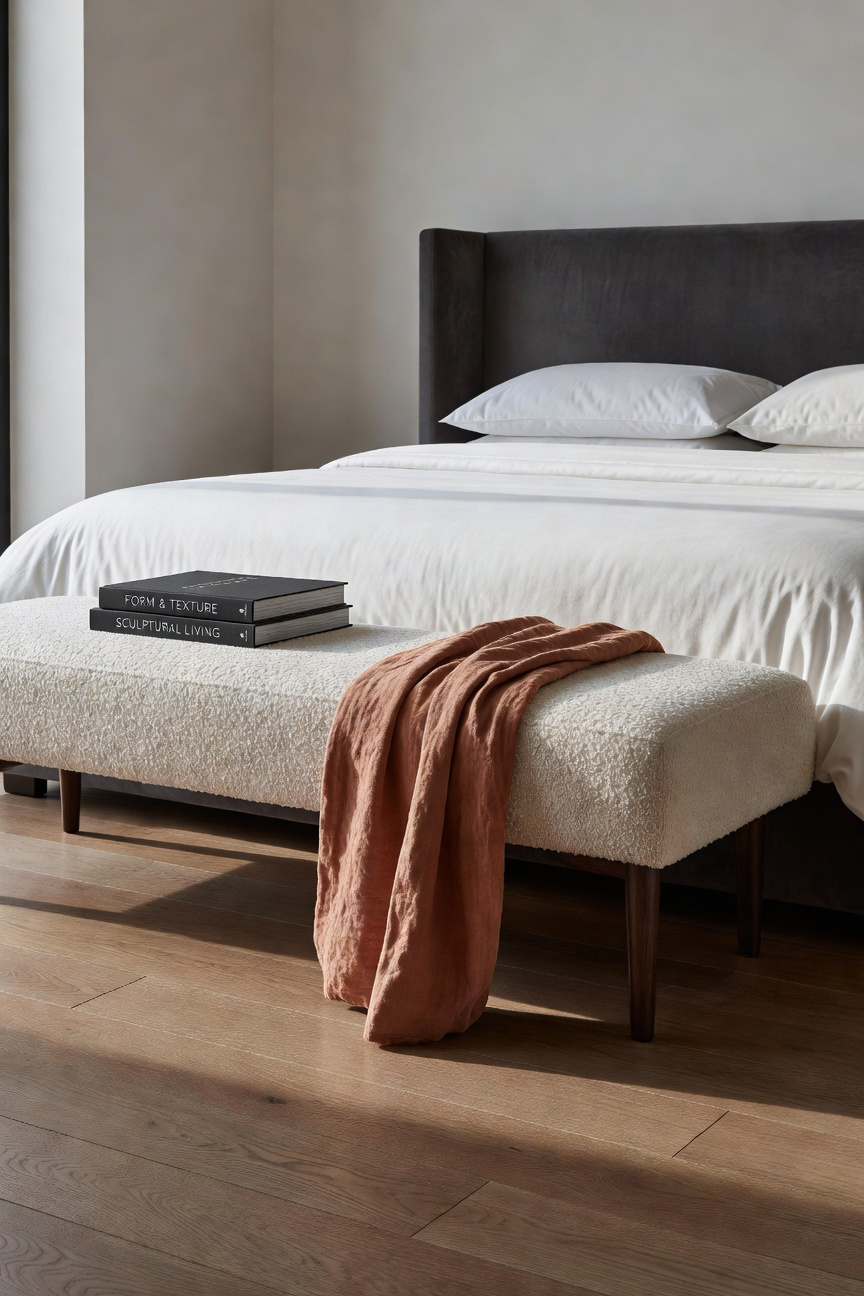 A modern, sculptural cream boucle end-of-bed bench styled with minimalist art books and a terracotta linen throw in a luxurious master bedroom with charcoal and white bedding.