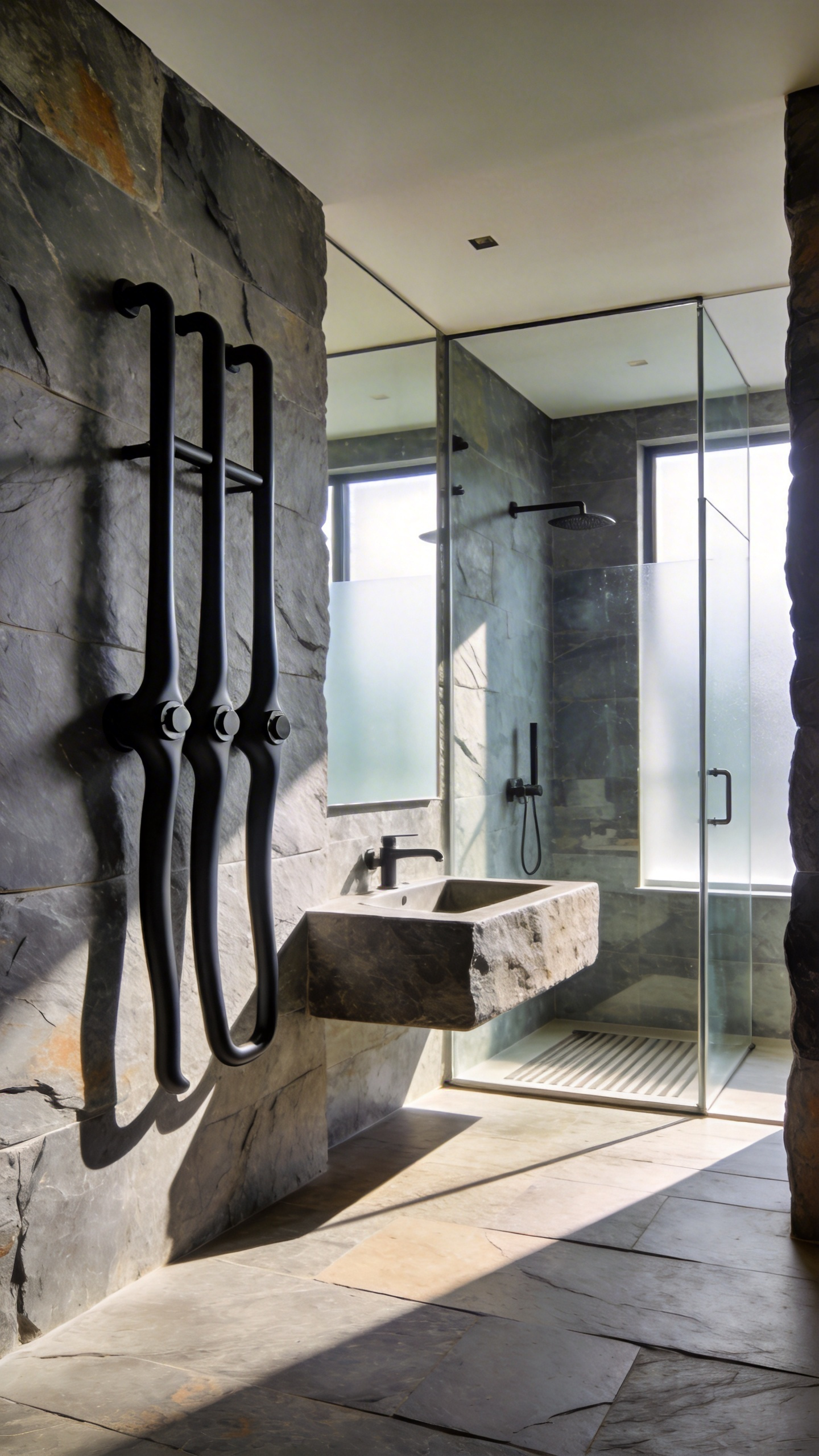 A modern minimalist bathroom featuring sleek, sculptural grab bars integrated into a textured stone wall without visible plates.