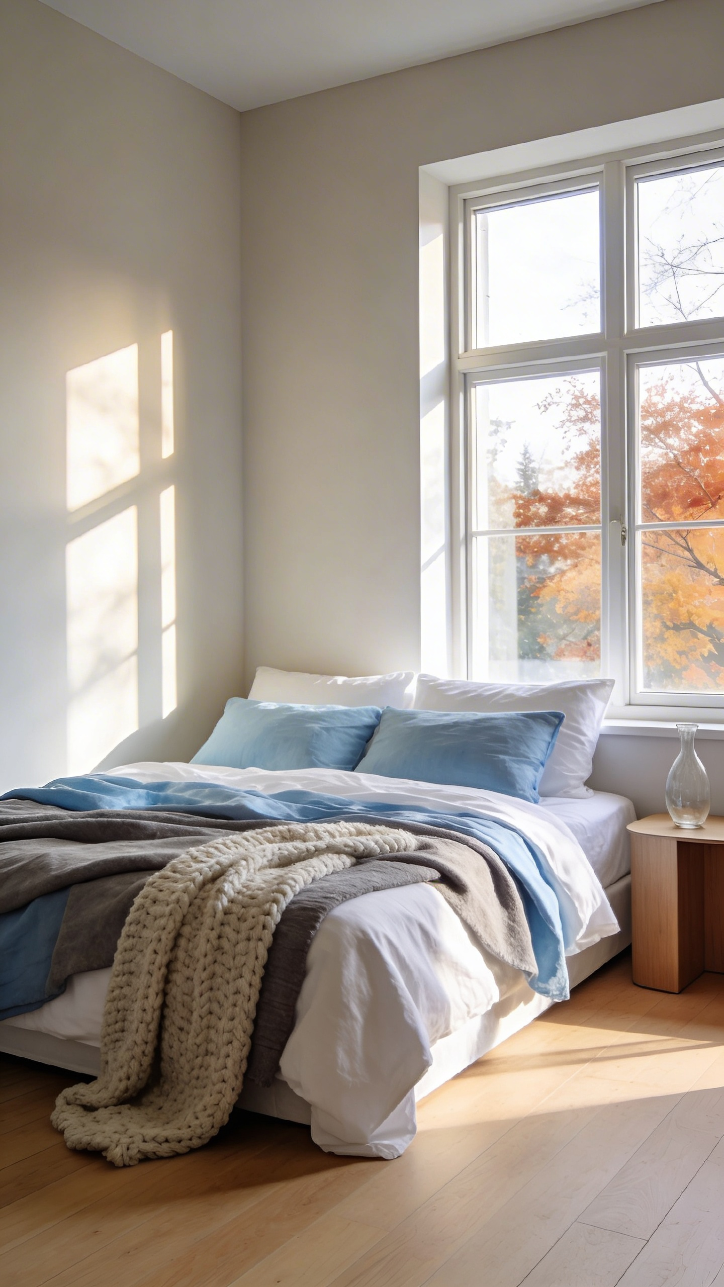 A serene bedroom makeover featuring layers of white and ice blue bedding with a wool throw under soft natural light.