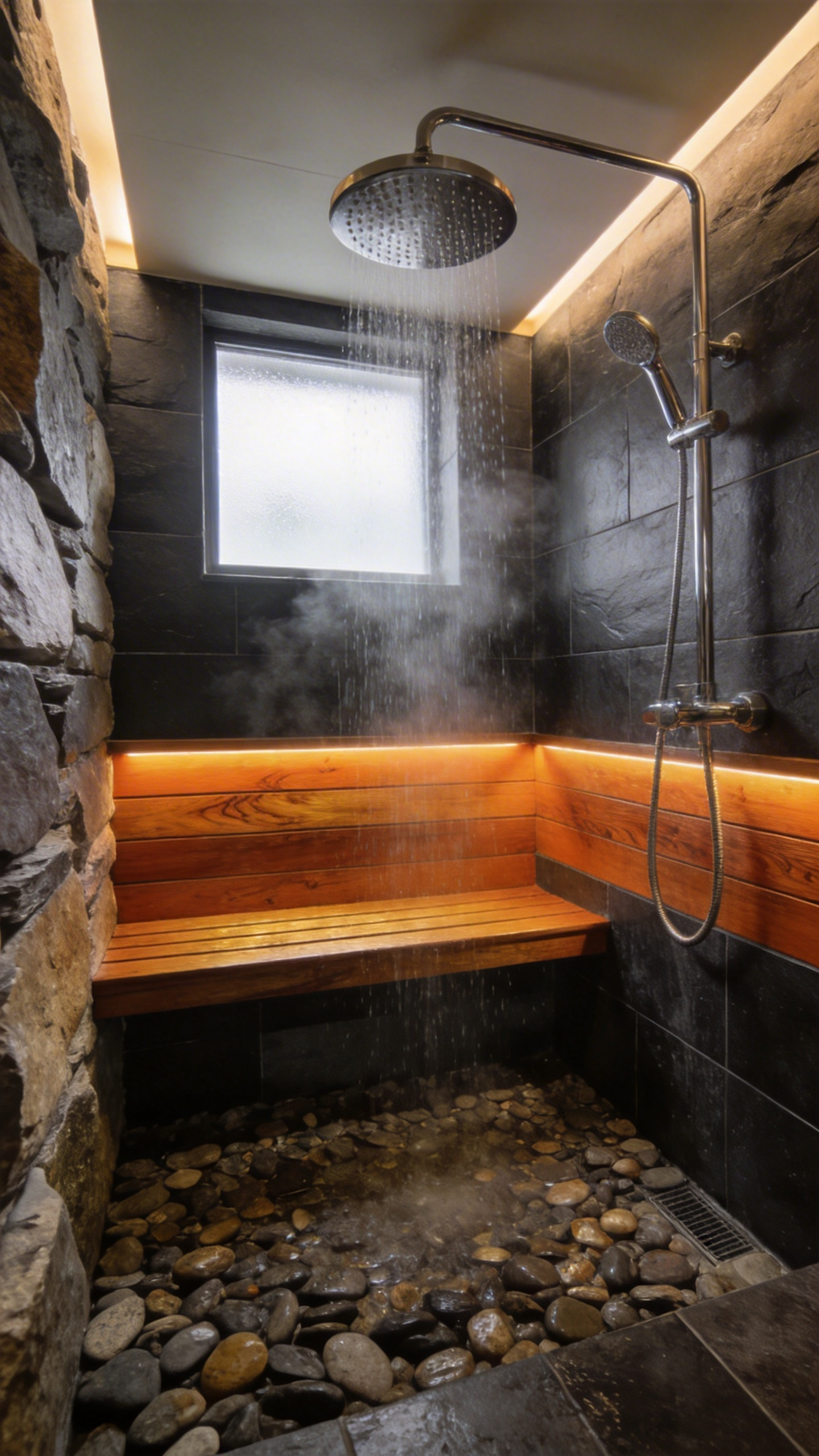 A modern walk-in shower with a built-in teak wood bench, slate tile walls, and a rainfall showerhead in a spa-like bathroom setting.