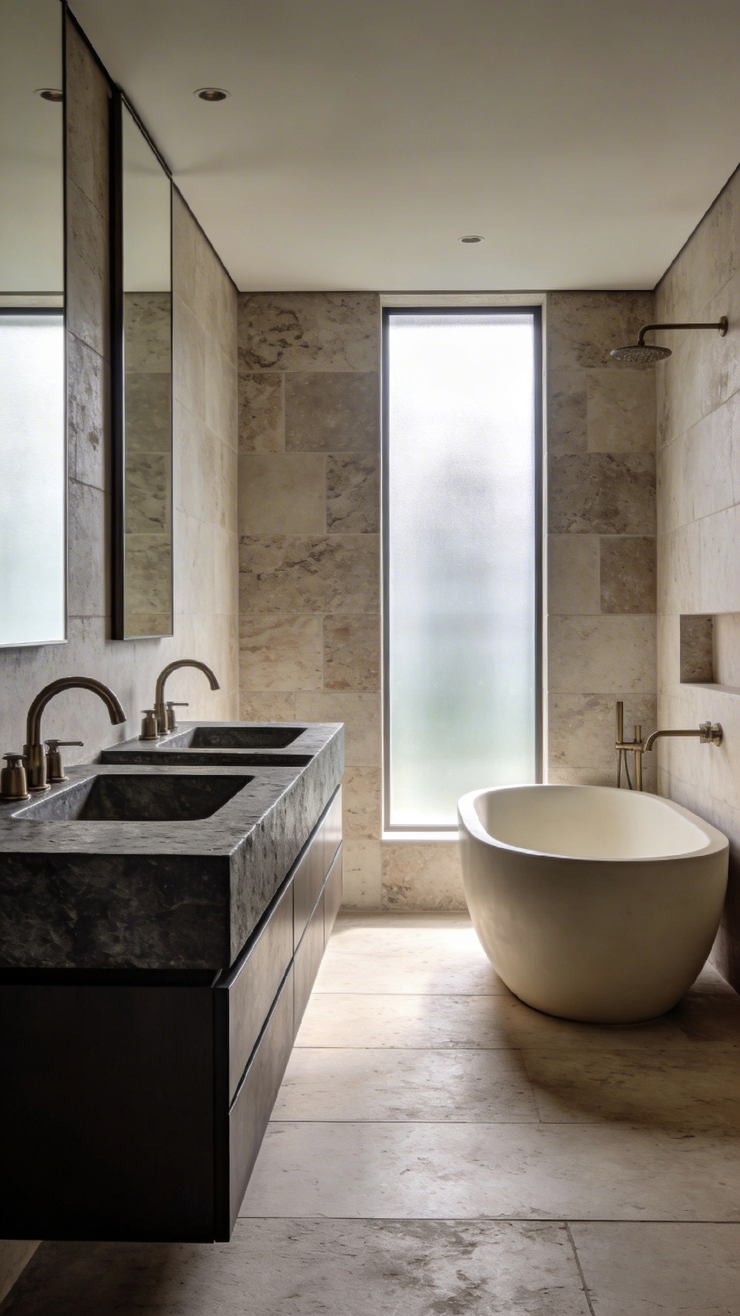 A modern sensory-friendly bathroom featuring honed stone surfaces, brushed metal fixtures, and soft diffuse lighting to minimize glare.