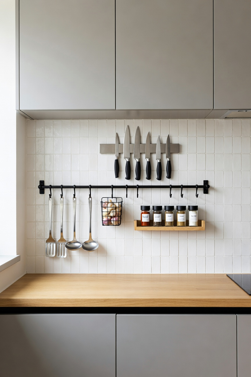 A modern small kitchen featuring optimized shallow backsplash storage, including a black rail system with S-hooks holding utensils, a suspended spice rack, and a magnetic knife strip mounted above the countertop.