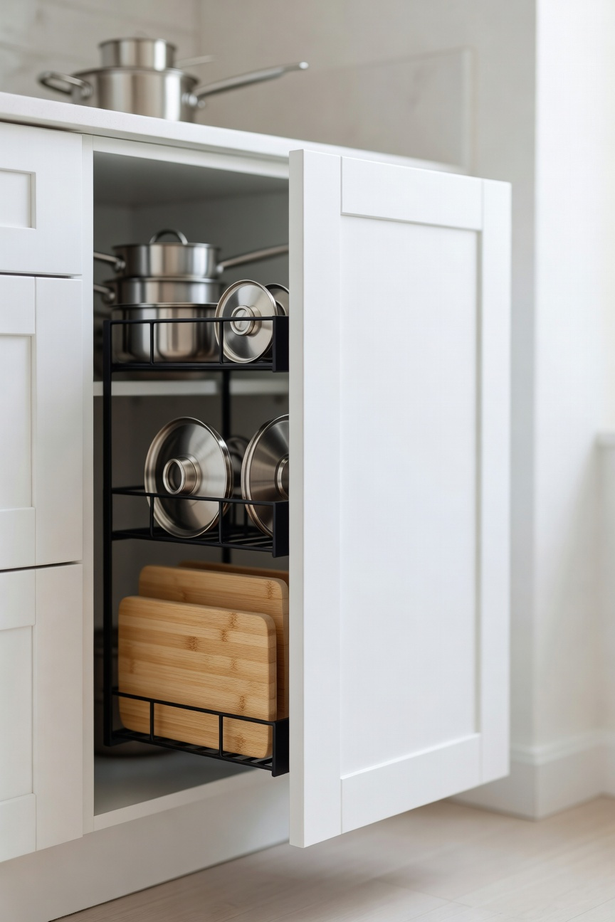 Detailed view of an open white kitchen cabinet door with matte black wire racks mounted on the back, providing vertical storage for pot lids and bamboo cutting boards in a small organized kitchen.