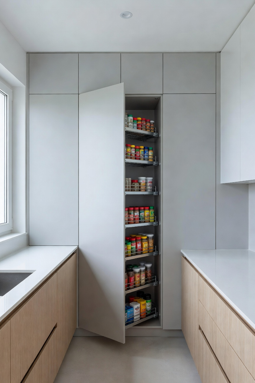 A photograph of a modern small kitchen featuring a floor-to-ceiling light gray pantry system with one internal section pulled out, demonstrating vertical storage maximization and efficiency.